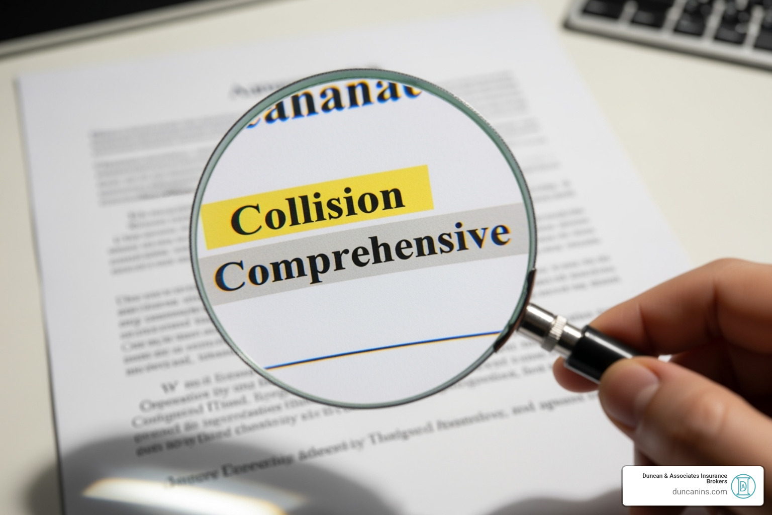 A magnifying glass hovering over a document with the words "Collision" and "Comprehensive" highlighted - auto insurance broker olympia wa