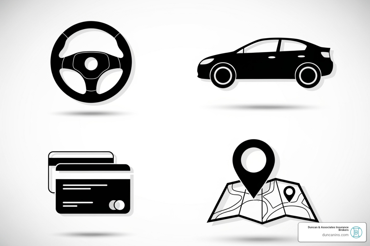 Icons representing a driving record, a car, a credit score, and a map of Olympia, illustrating factors influencing insurance premiums - auto insurance broker olympia wa