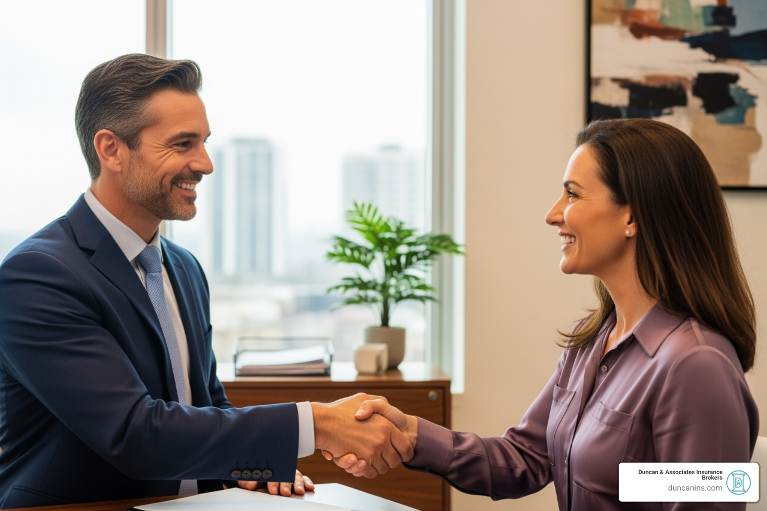 A friendly insurance agent shaking hands with a happy client, symbolizing trust and good service - auto insurance broker olympia wa
