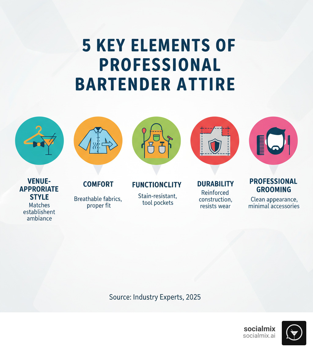 Infographic showing the 5 key elements of professional bartender attire: Venue-Appropriate Style with dress code matching establishment ambiance, Comfort with breathable fabrics and proper fit for long shifts, Functionality with stain-resistant materials and tool pockets, Durability with reinforced construction to withstand spills and wear, and Professional Grooming with clean appearance and minimal accessories - what does a bartender wear infographic  Infographic showing the 5 key elements of professional bartender attire: Venue-Appropriate Style with dress code matching establishment ambiance, Comfort with breathable fabrics and proper fit for long shifts, Functionality with stain-resistant materials and tool pockets, Durability with reinforced construction to withstand spills and wear, and Professional Grooming with clean appearance and minimal accessories - what does a bartender wear infographic