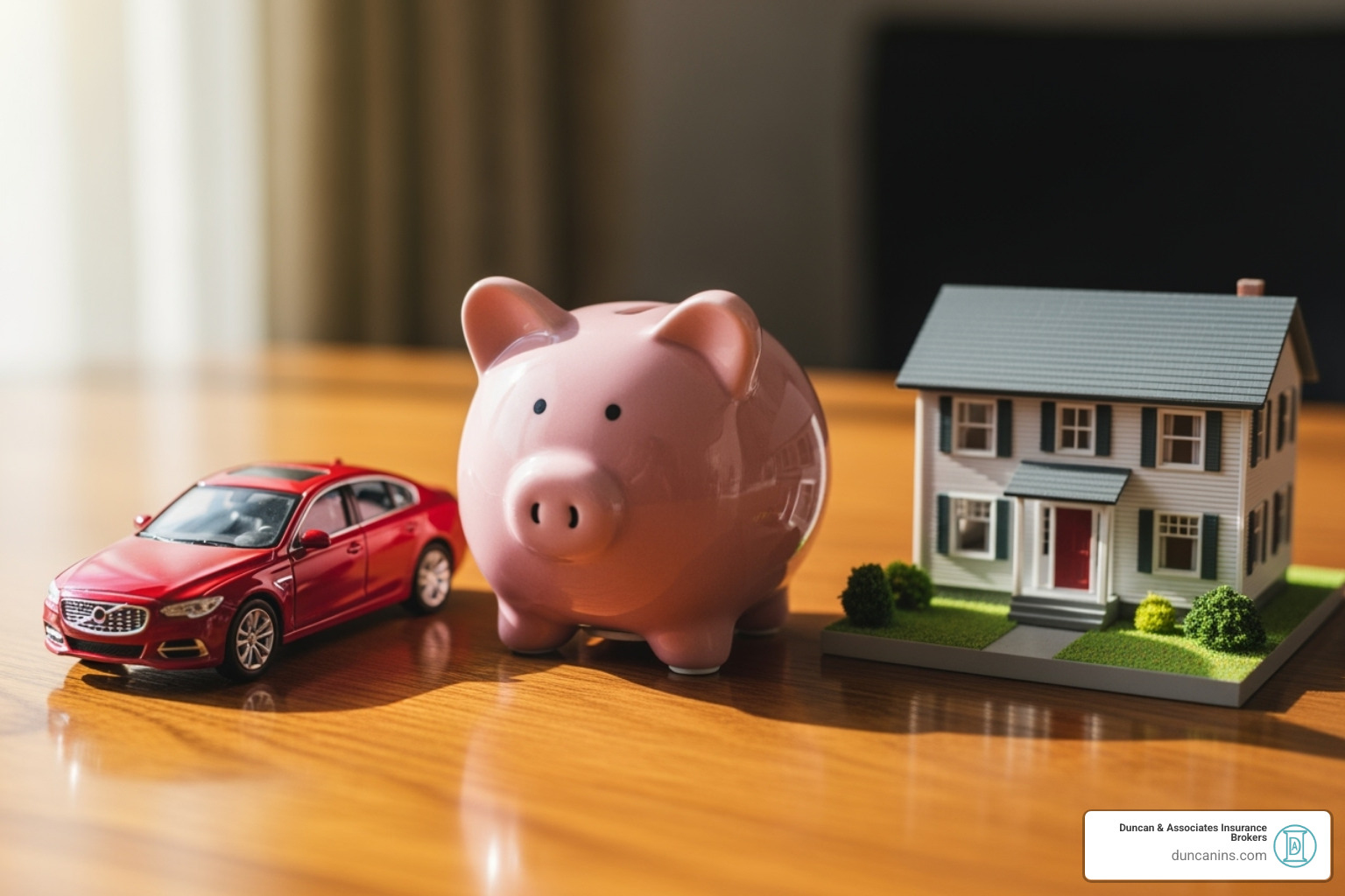 Image of a piggy bank next to a model car and house, symbolizing savings on insurance - home insurance olympia wa