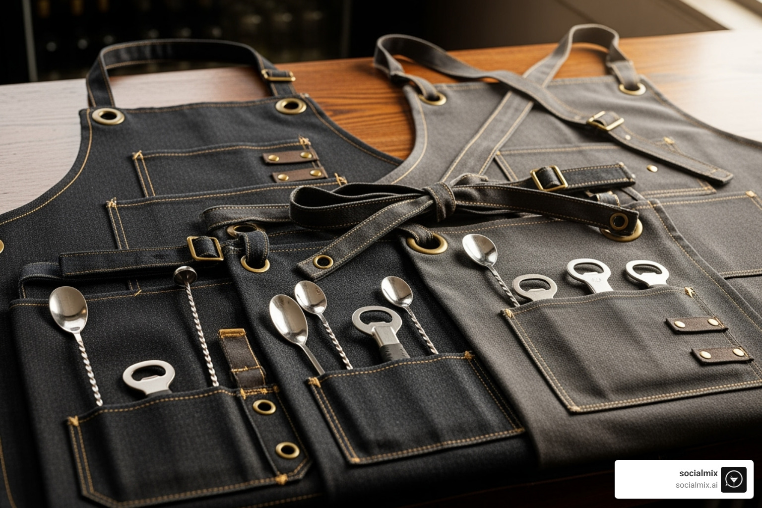 various bartender aprons (bib, waist, cross-back) with pockets holding bar spoons and bottle openers - what does a bartender wear various bartender aprons (bib, waist, cross-back) with pockets holding bar spoons and bottle openers - what does a bartender wear