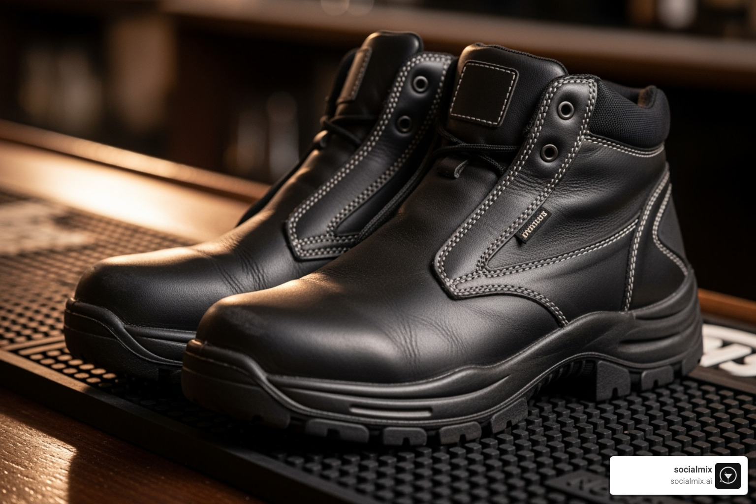 stylish, non-slip work boots on a bar floor mat - what does a bartender wear stylish, non-slip work boots on a bar floor mat - what does a bartender wear