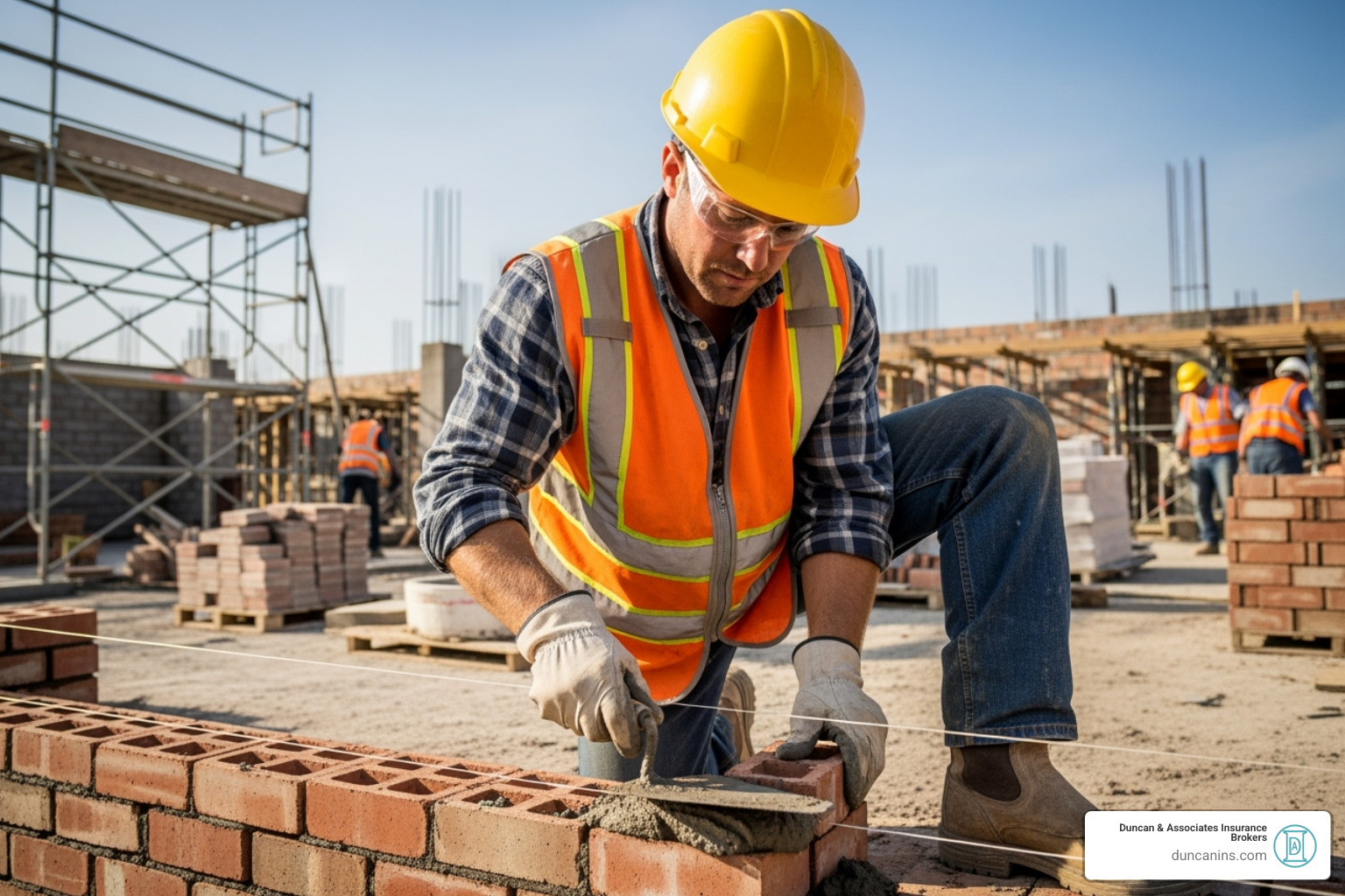 mason wearing full personal protective equipment (PPE) on a job site - masonry contractor insurance mason wearing full personal protective equipment (PPE) on a job site - masonry contractor insurance