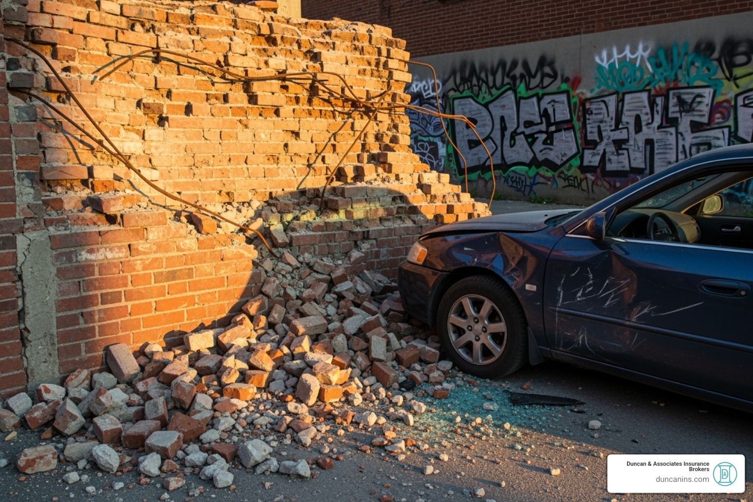 partially collapsed brick retaining wall next to a damaged car - masonry contractor insurance partially collapsed brick retaining wall next to a damaged car - masonry contractor insurance