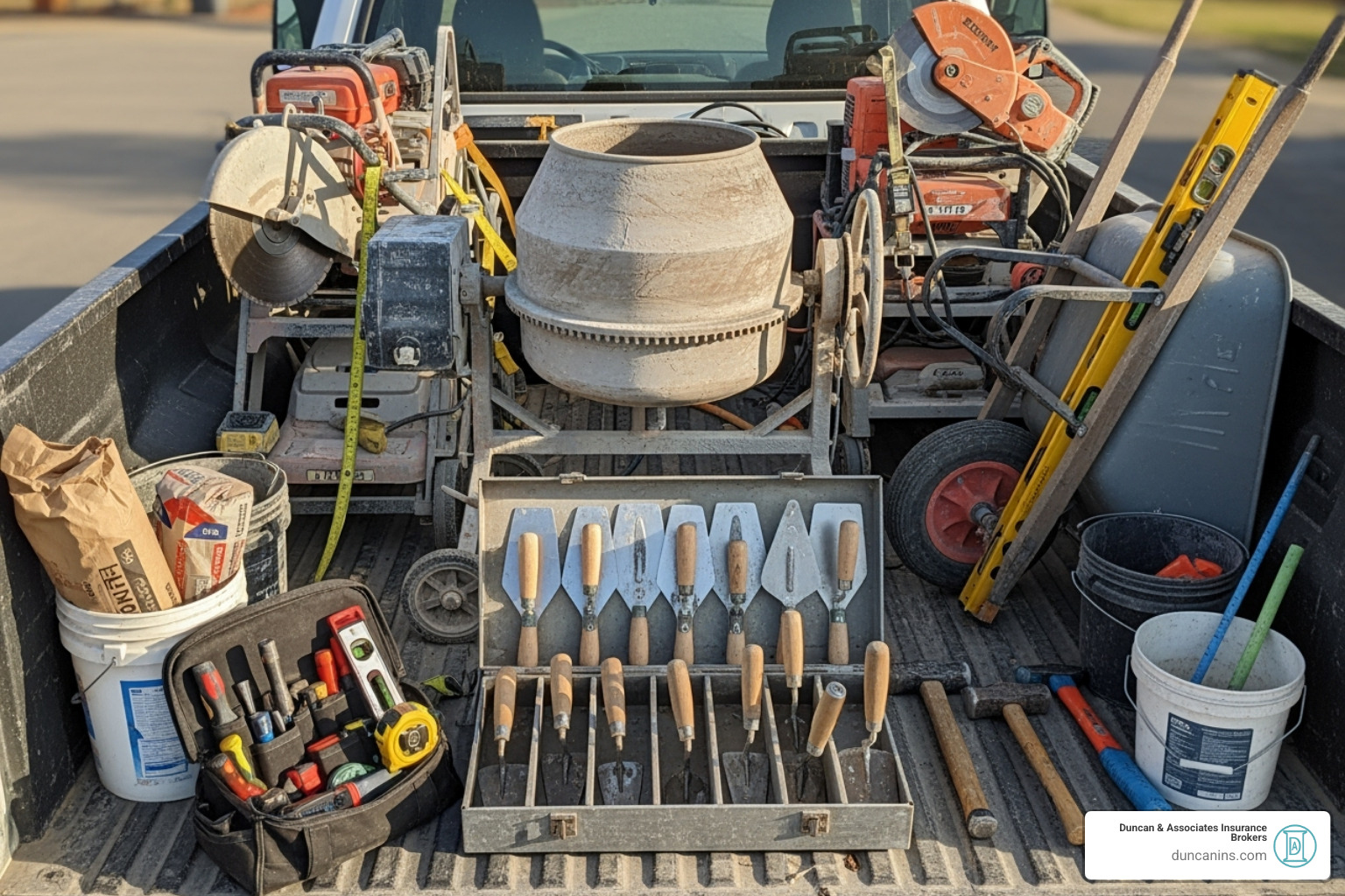 various masonry tools like trowels, mixers, and saws neatly organized in a work truck - masonry contractor insurance various masonry tools like trowels, mixers, and saws neatly organized in a work truck - masonry contractor insurance