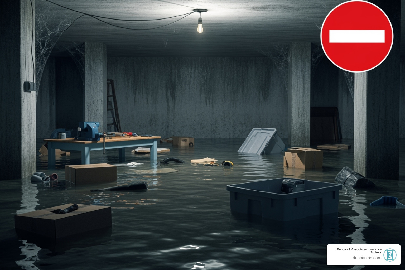 flooded basement with a "not covered" icon - home insurance olympia