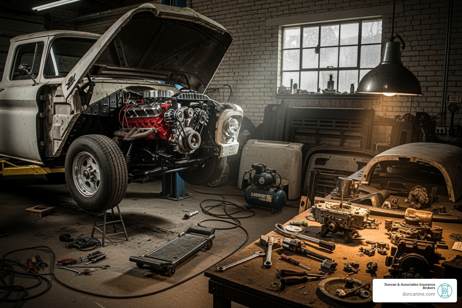 classic custom truck being restored in a garage - insurance for custom trucks classic custom truck being restored in a garage - insurance for custom trucks