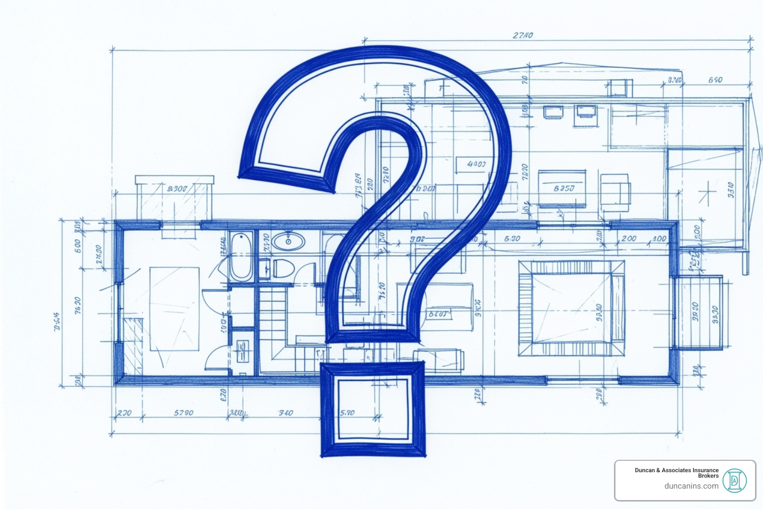 A question mark icon over a blueprint of a mobile home, symbolizing common questions about mobile home insurance - mobile home dwelling coverage