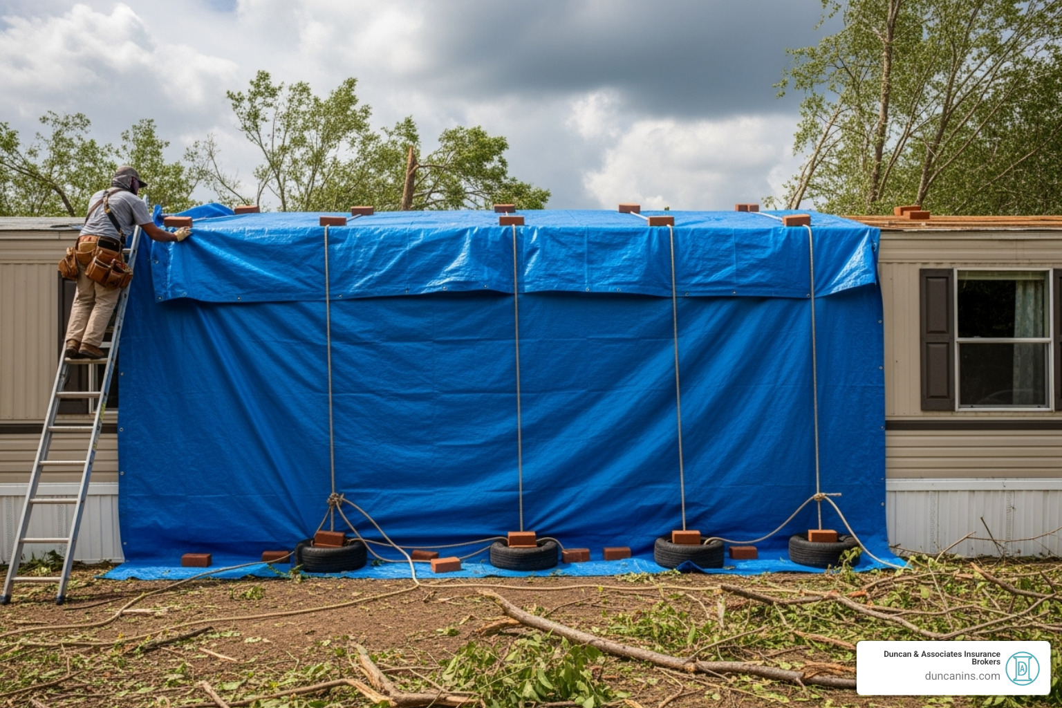 A mobile home roof being repaired after a storm with a blue tarp covering part of the roof - mobile home dwelling coverage