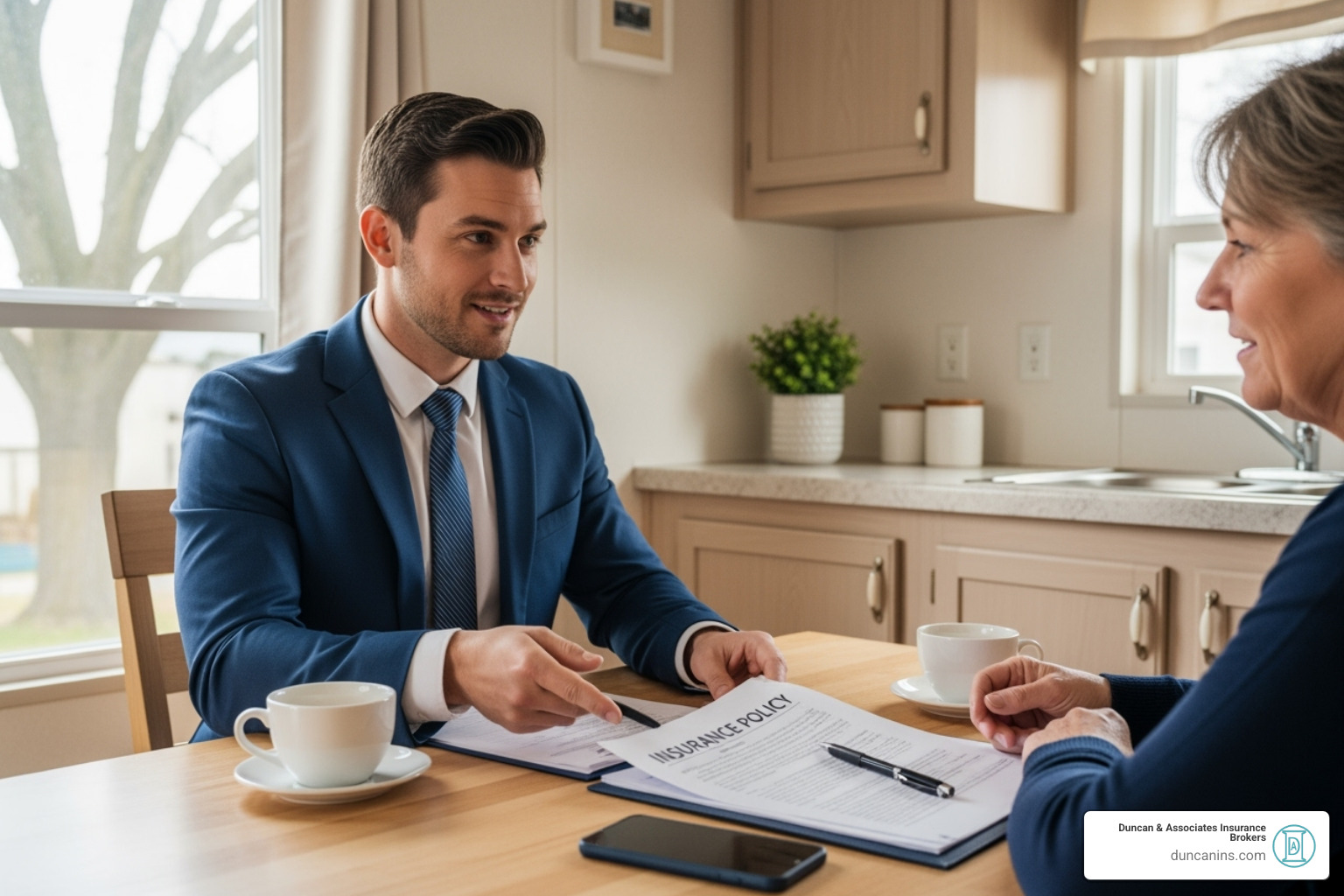 An insurance agent in a suit discussing a policy with a mobile homeowner sitting at a kitchen table - mobile home dwelling coverage
