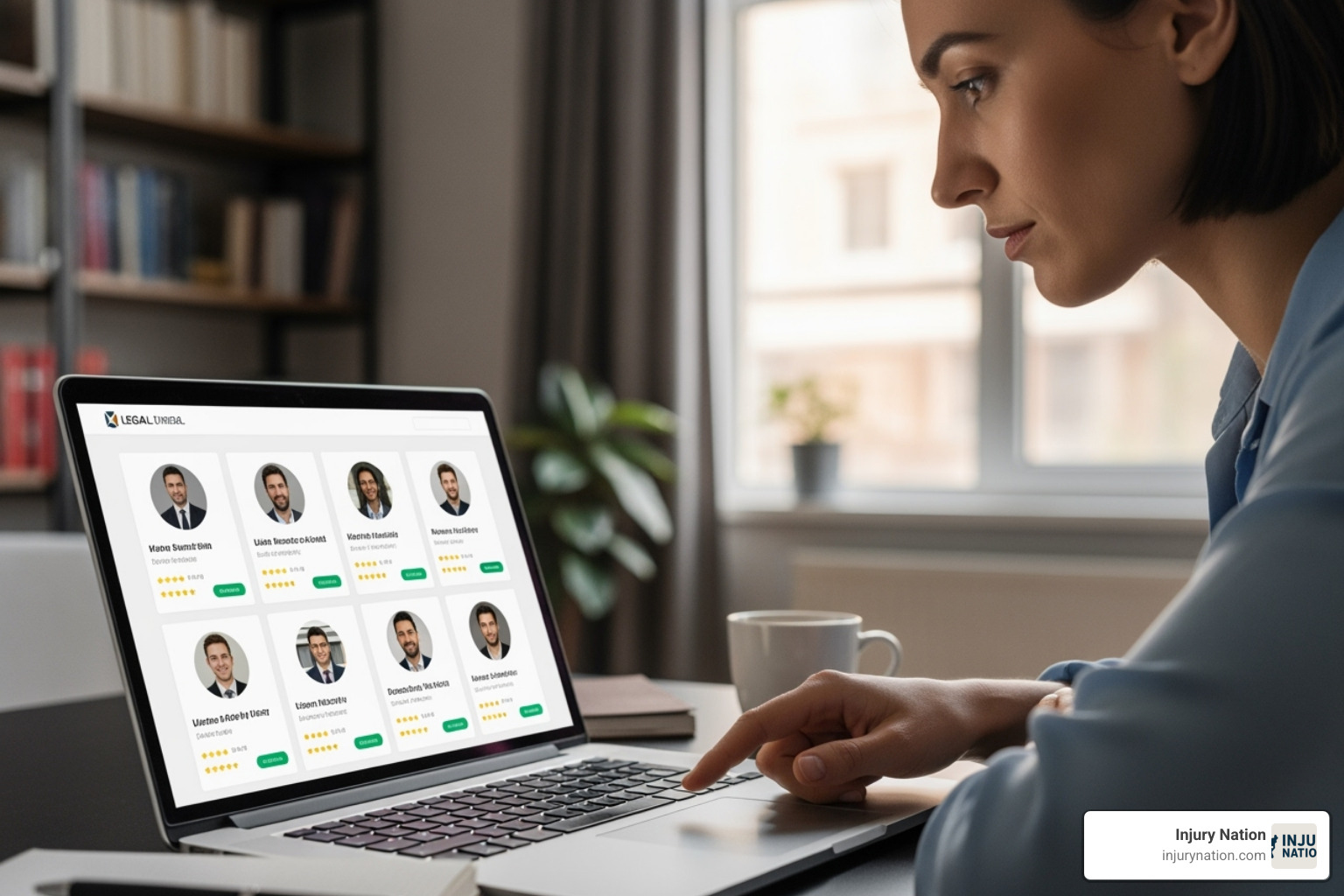 person reviewing lawyer profiles on a laptop - liability attorney near me