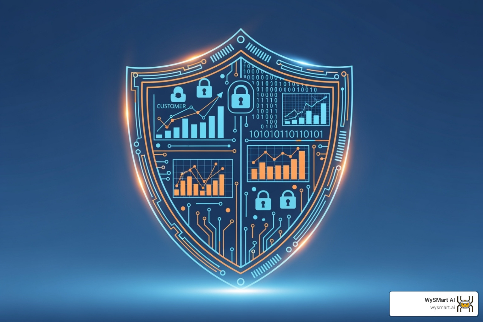 A digital shield icon protecting customer data with glowing lines and circuit motifs - AI small business marketing A digital shield icon protecting customer data with glowing lines and circuit motifs - AI small business marketing