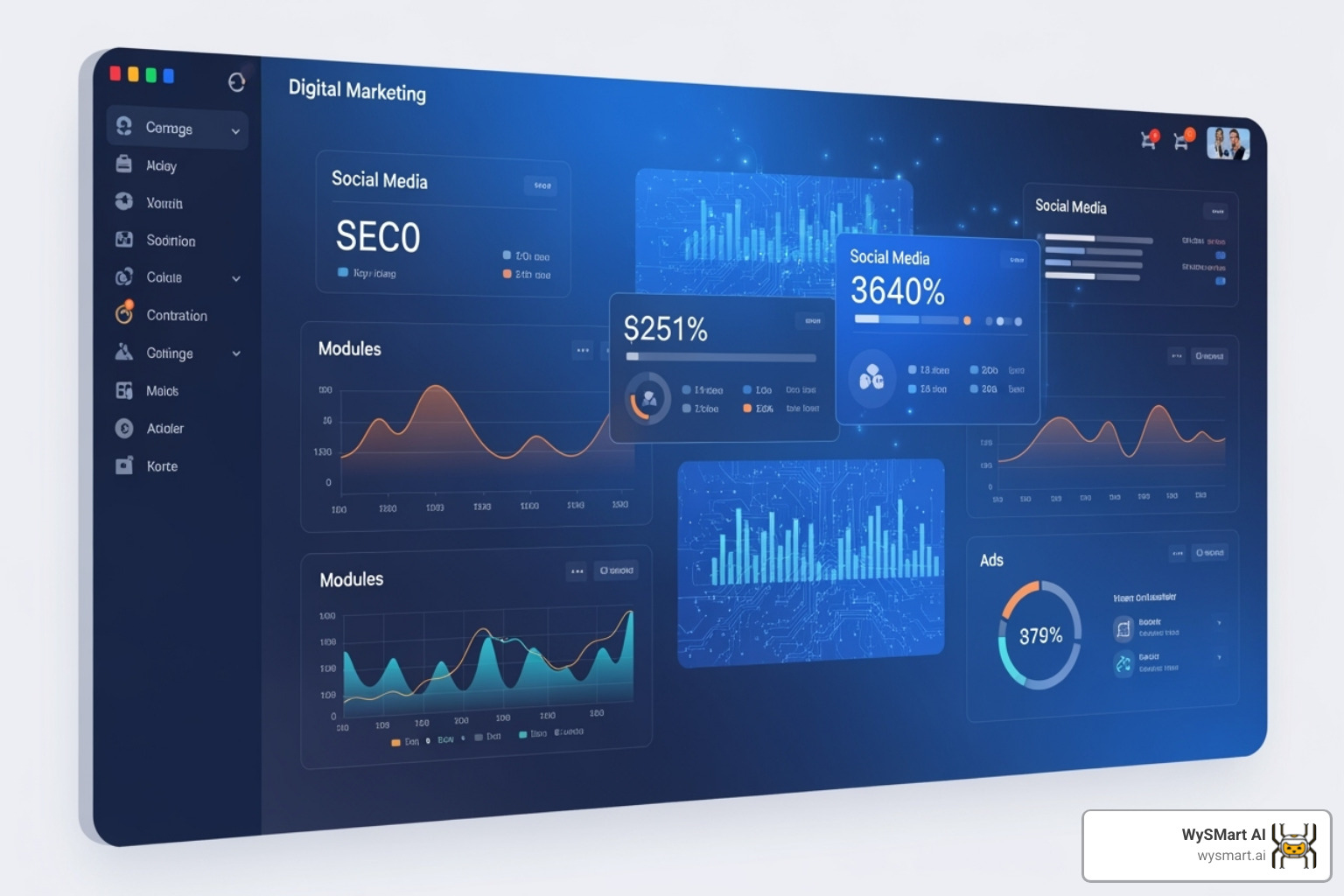 A digital marketing dashboard with various AI-powered modules for SEO, Social Media, and Ads - AI small business marketing A digital marketing dashboard with various AI-powered modules for SEO, Social Media, and Ads - AI small business marketing