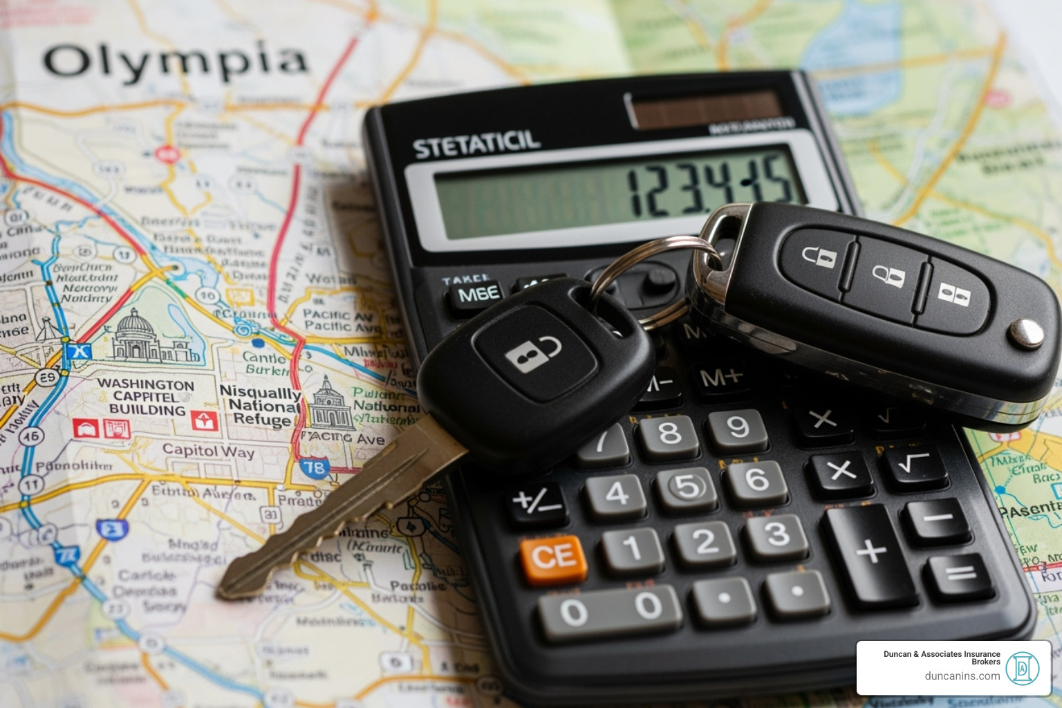 calculator and car keys on a map of Olympia - cheapest auto insurance in olympia washington