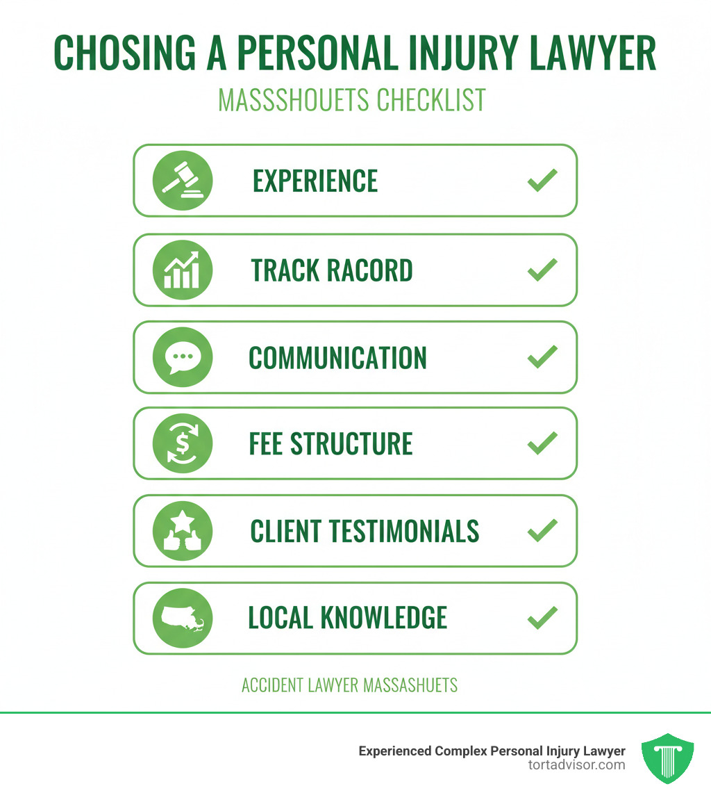 Infographic with checklist for choosing a personal injury lawyer: experience, track record, communication, fee structure, client testimonials, local knowledge - accident lawyer Massachusetts infographic 