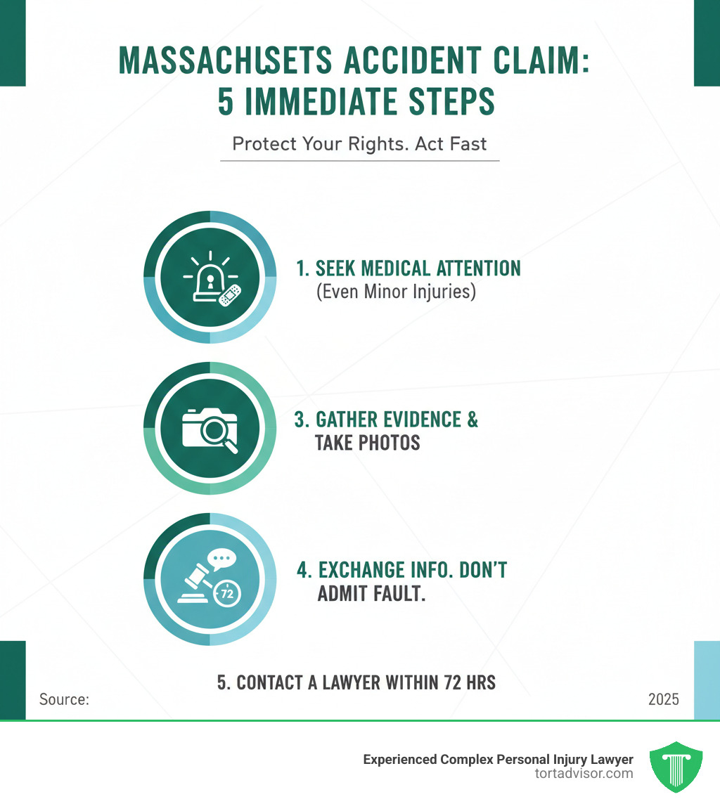 Massachusetts accident claim process infographic showing 5 immediate steps: ensure safety and call 911, seek medical attention even for minor injuries, gather evidence and take photos, exchange information but don't admit fault, and contact an experienced accident lawyer within 72 hours - accident lawyer Massachusetts infographic 