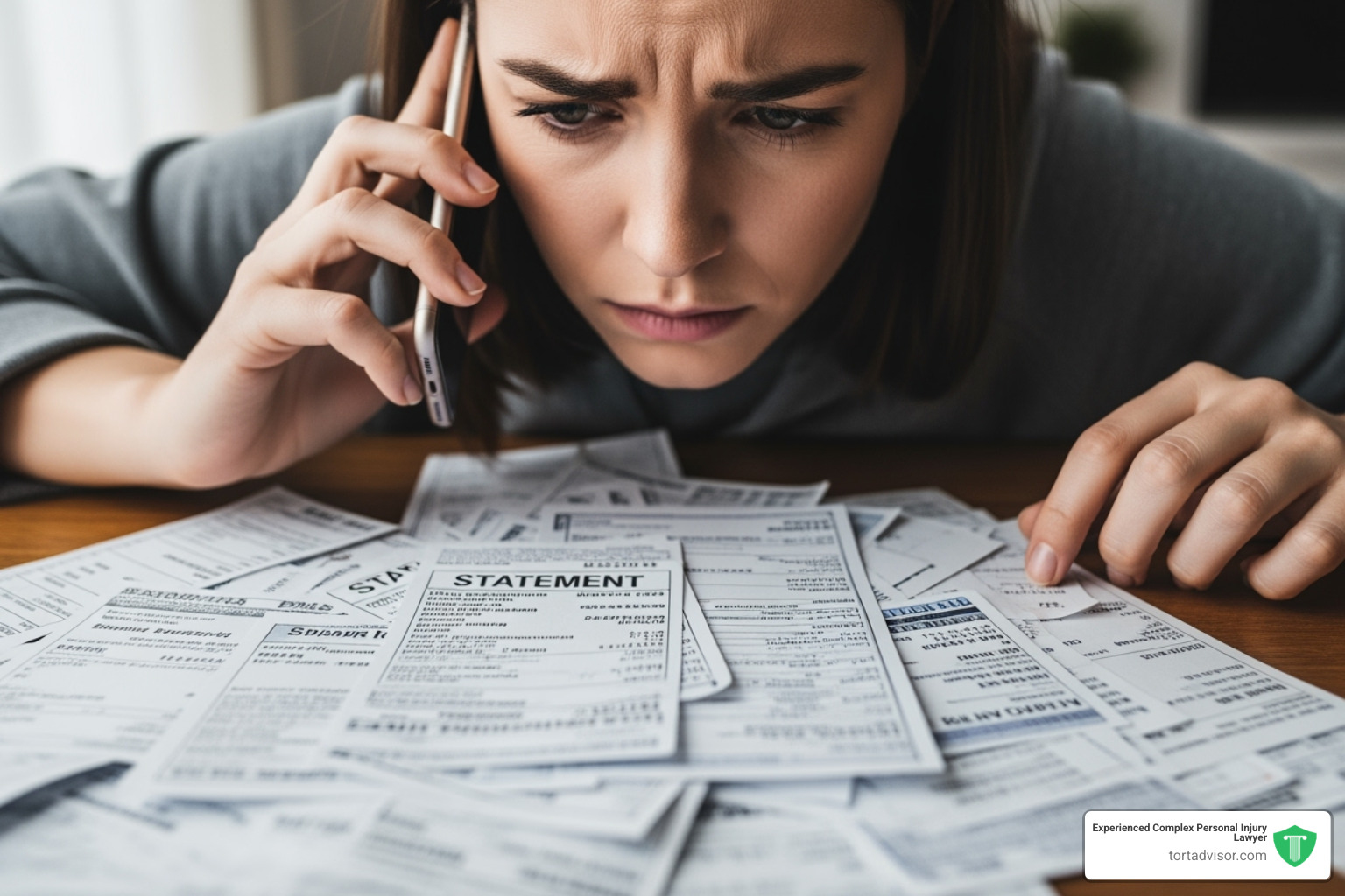 a concerned person on the phone looking at a pile of medical bills. - accident lawyer Massachusetts