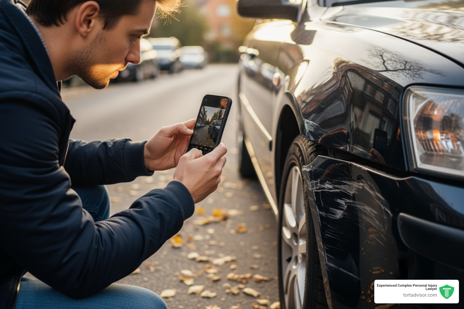 a person taking a photo of car damage with their smartphone. - accident lawyer Massachusetts