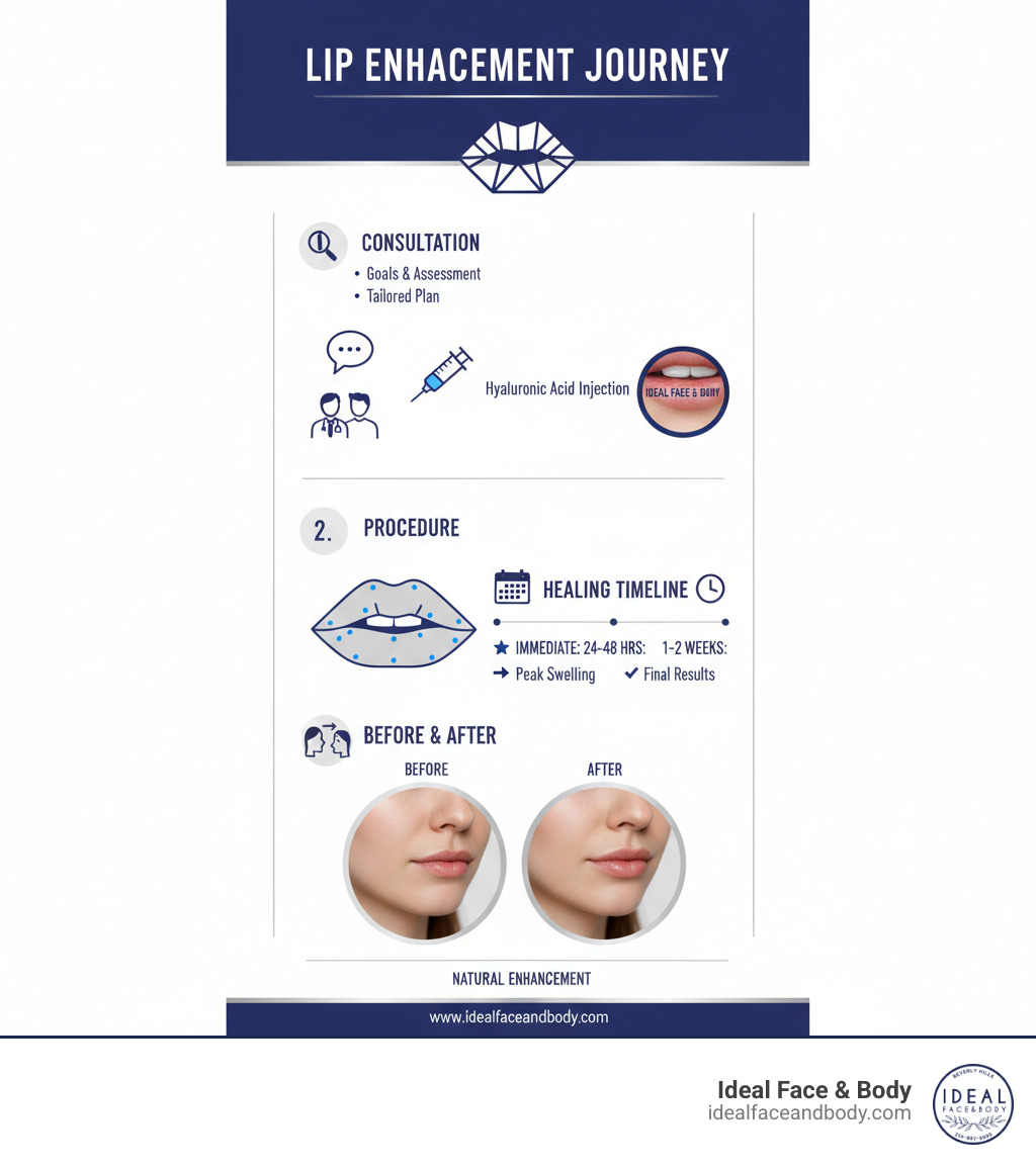 Comprehensive guide showing the lip filler process from consultation to results, including hyaluronic acid injection points, expected timeline for healing, and before/after comparison of natural lip improvement - lip filler near me infographic 