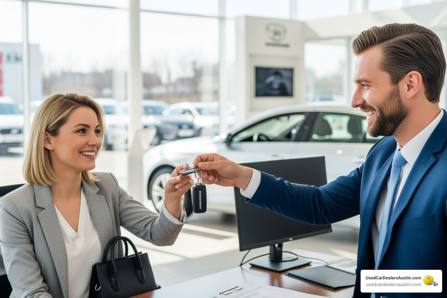 Friendly salesperson handing car keys to a happy customer - nissan sentra austin