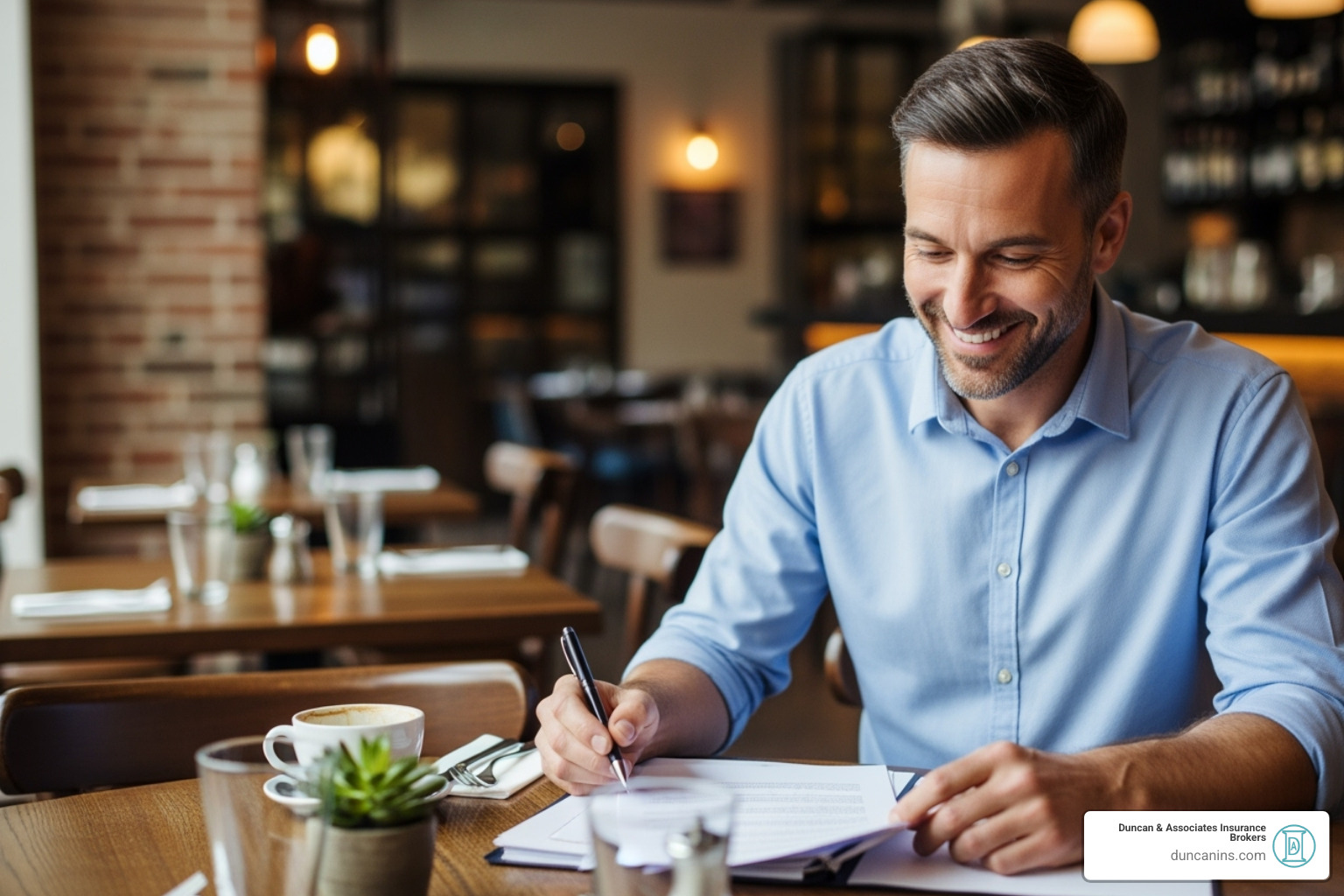 a restaurant owner smiling while reviewing paperwork - Restaurant insurance a restaurant owner smiling while reviewing paperwork - Restaurant insurance