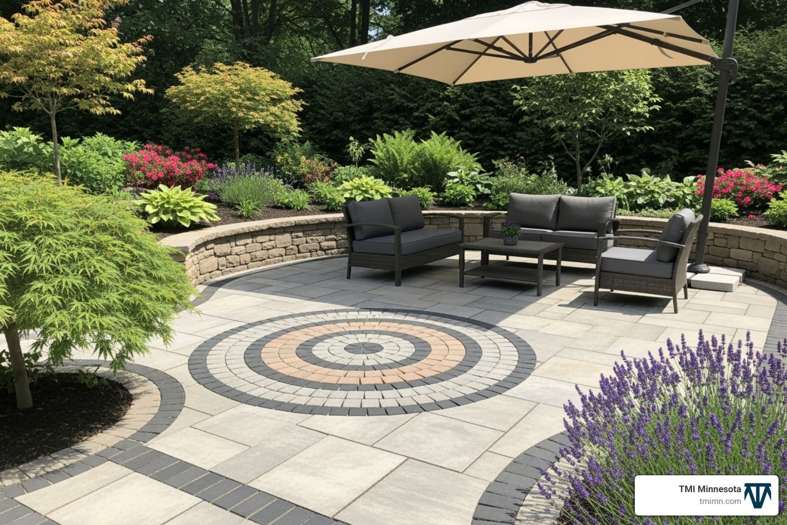 Image of a circular pattern feature in the center of a patio - block pave patterns