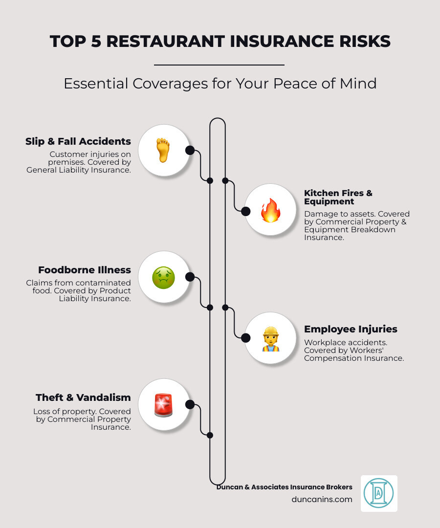 Infographic showing the top 5 restaurant insurance risks: customer slip and fall accidents, kitchen fires and equipment damage, foodborne illness claims, employee workplace injuries, and theft or vandalism - with corresponding insurance coverage types for each risk - Restaurant Insurance infographic infographic-line-5-steps-neat_beige