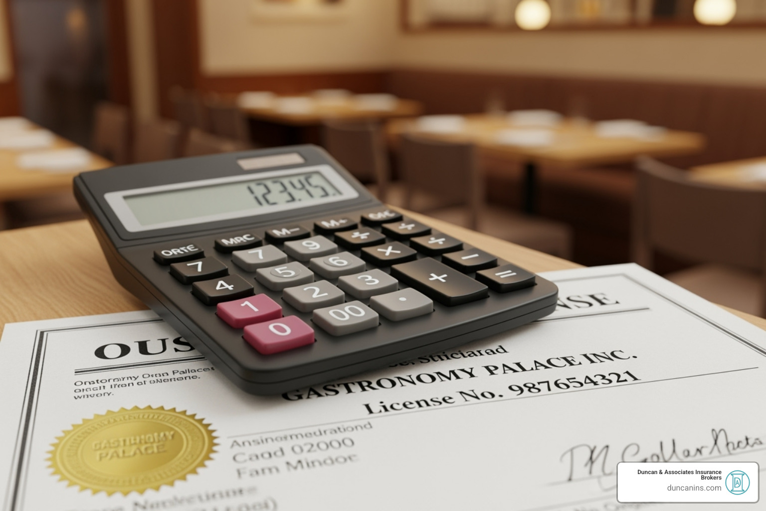 Calculator resting on a restaurant's business license - Restaurant Insurance