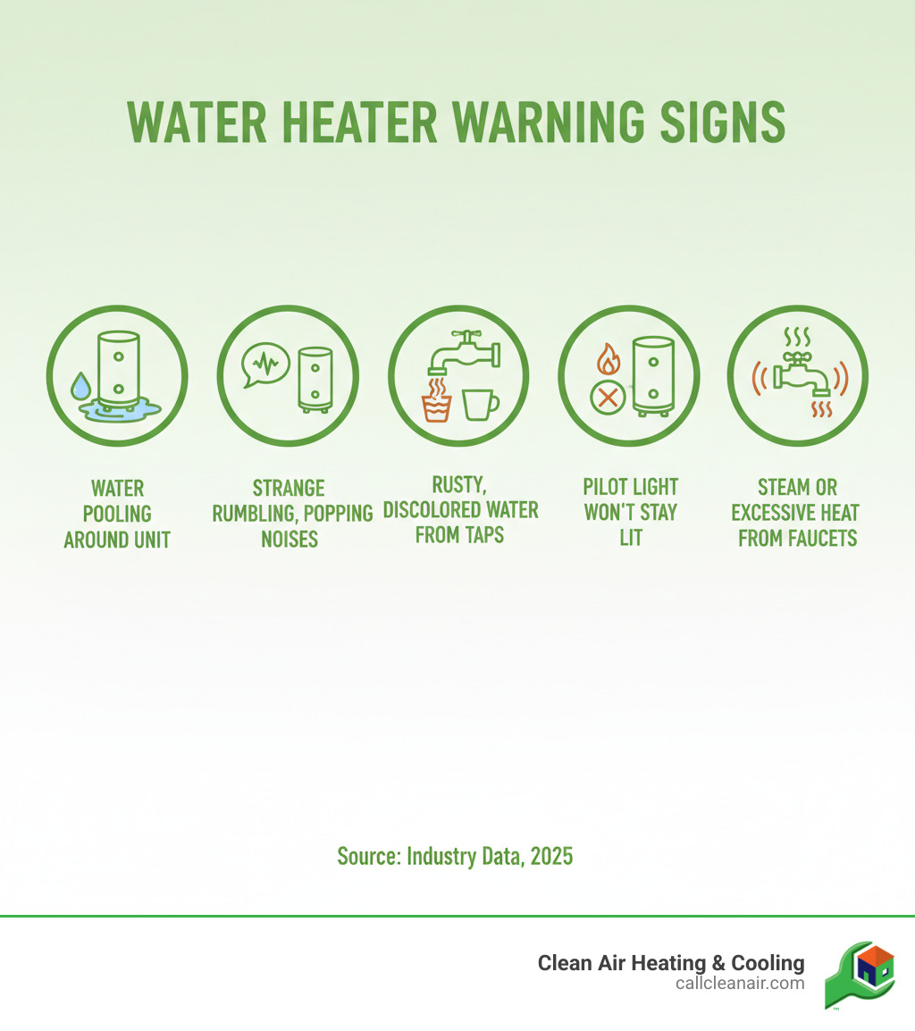 Infographic showing common water heater warning signs including water pooling around unit, strange rumbling and popping noises, rusty discolored water from taps, pilot light that won't stay lit, and steam or excessive heat from faucets - water heater repair infographic 