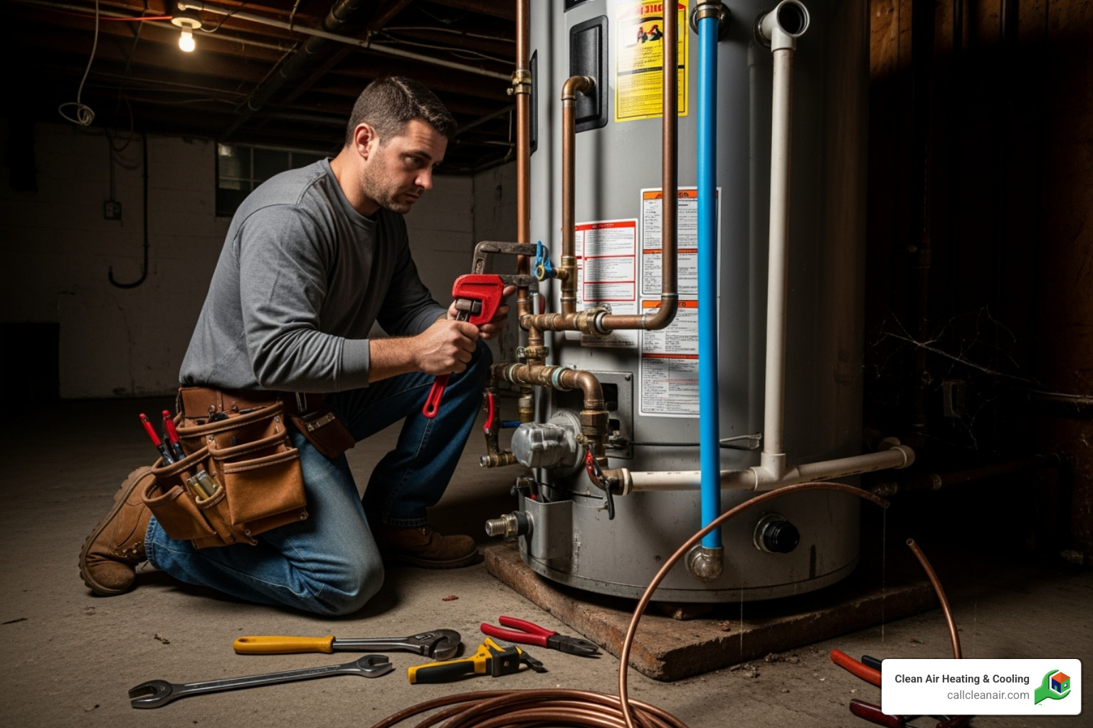 plumber working on water heater - water heater repair