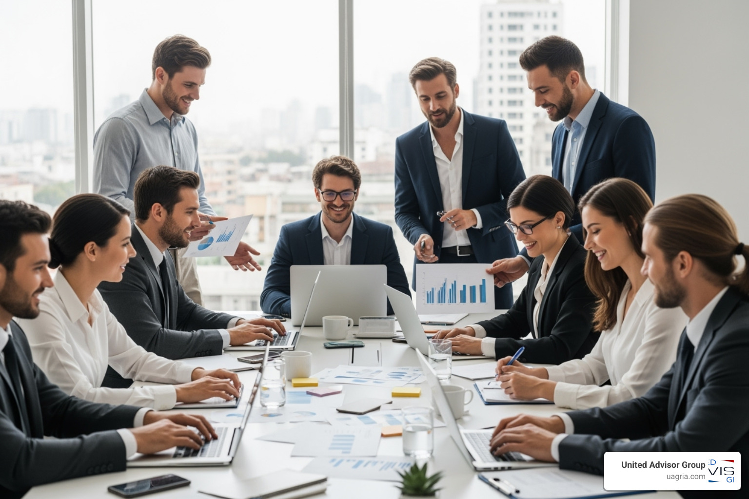 A diverse group of financial professionals collaborating in a modern office setting - financial advisor careers