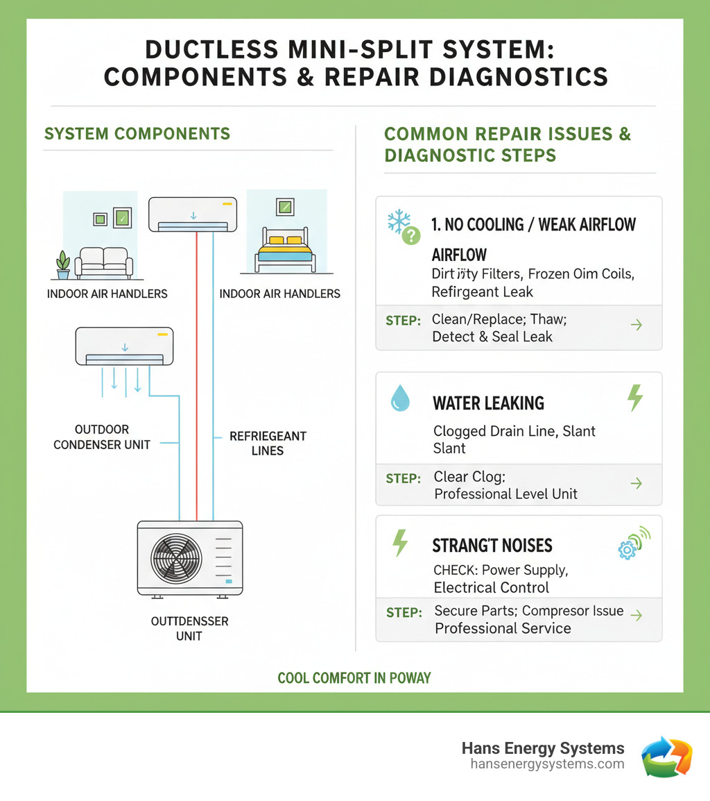 Detailed infographic showing ductless mini-split system components including outdoor condenser unit, indoor air handlers, refrigerant lines, and common repair issues with diagnostic steps - ductless ac repair poway infographic  Detailed infographic showing ductless mini-split system components including outdoor condenser unit, indoor air handlers, refrigerant lines, and common repair issues with diagnostic steps - ductless ac repair poway infographic