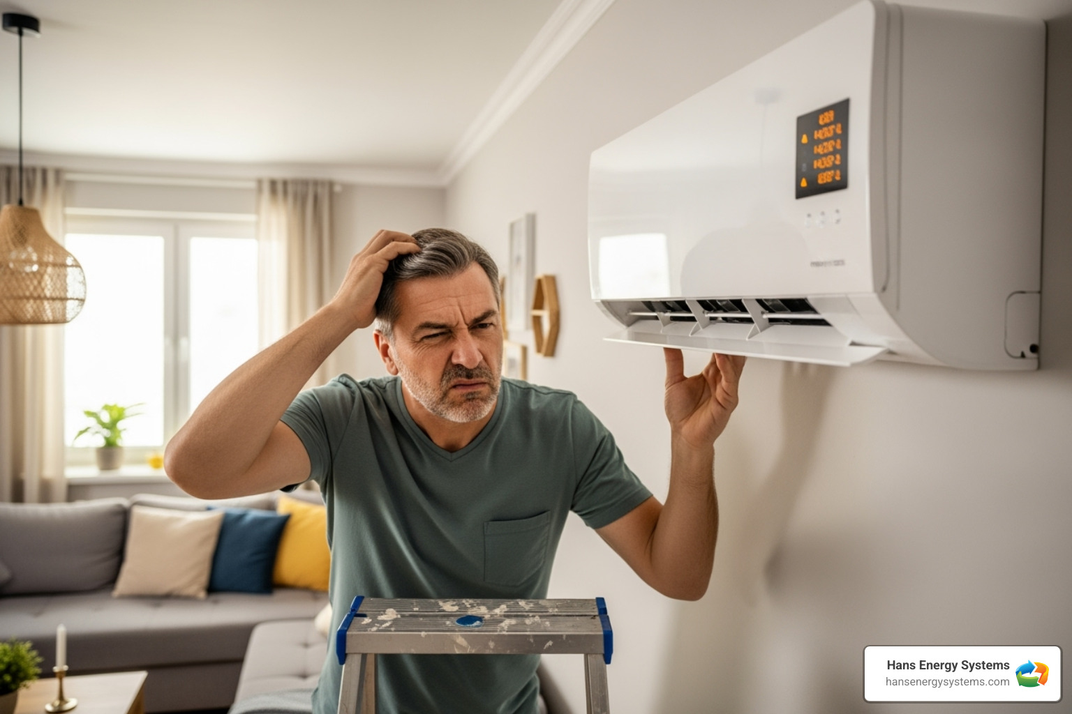 homeowner looking confused at their ductless AC unit - ductless ac repair poway homeowner looking confused at their ductless AC unit - ductless ac repair poway