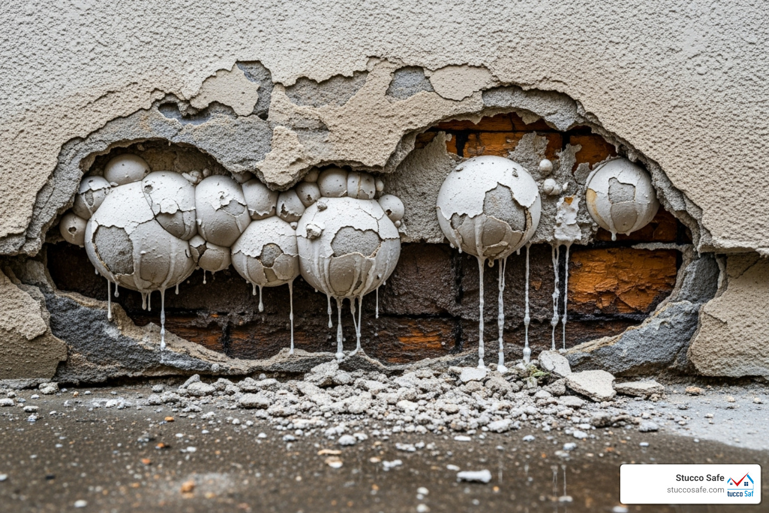 bubbling stucco at the base of a wall - stucco wet after rain