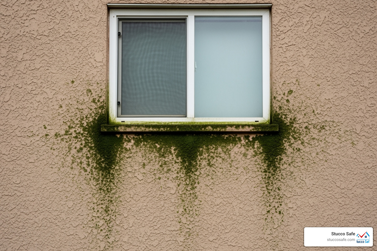 stucco with green mold spots near a window - stucco wet after rain