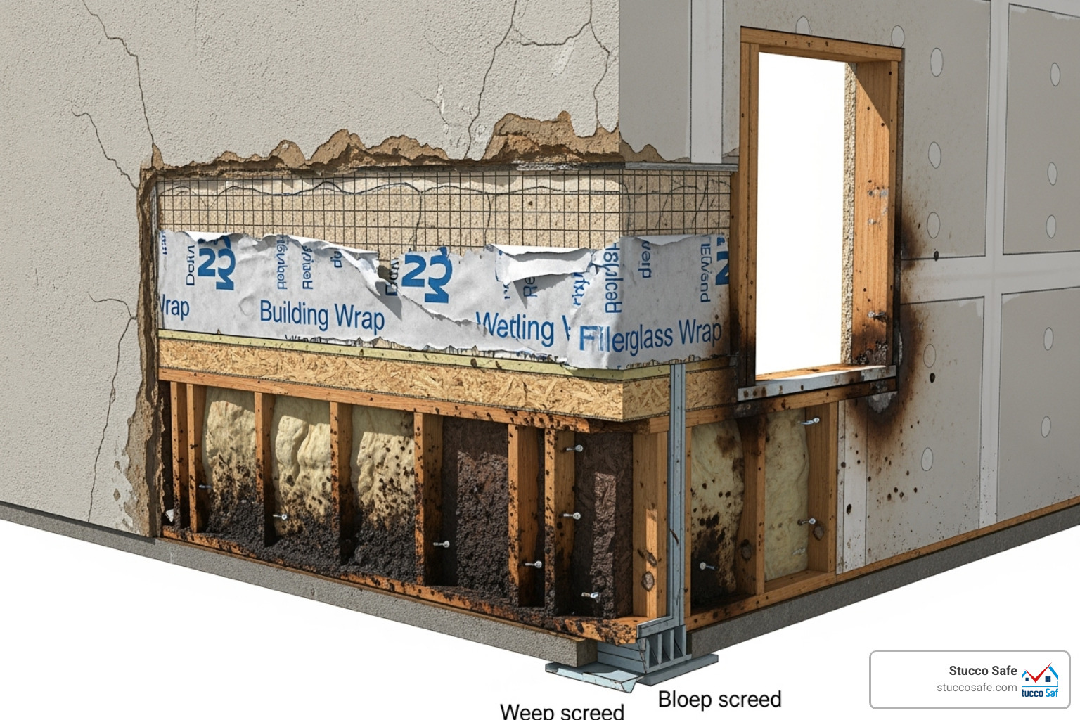 cutaway of a failed stucco wall system without proper flashing - stucco wet after rain