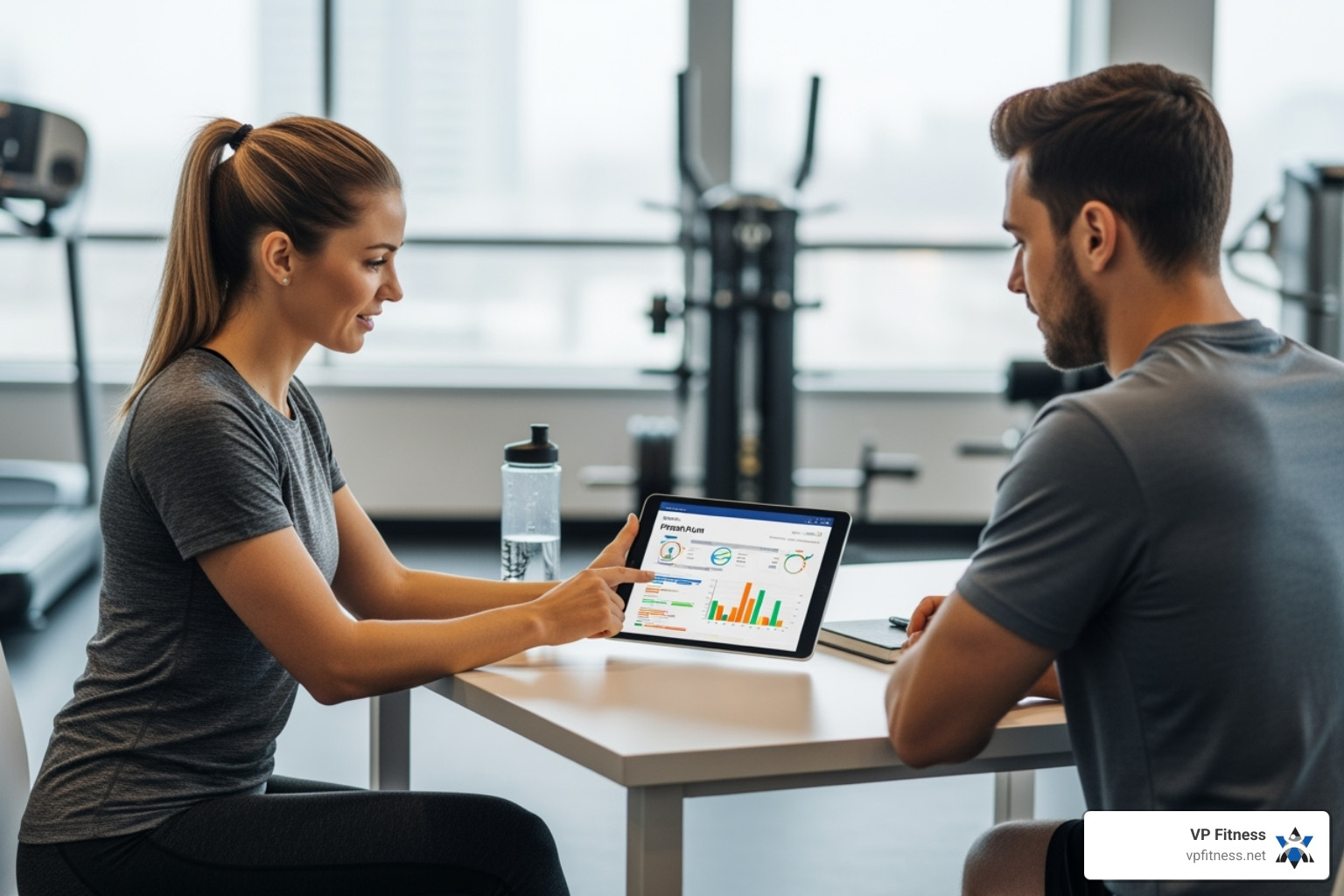 trainer and client discussing a fitness plan on a tablet - personal training cost trainer and client discussing a fitness plan on a tablet - personal training cost