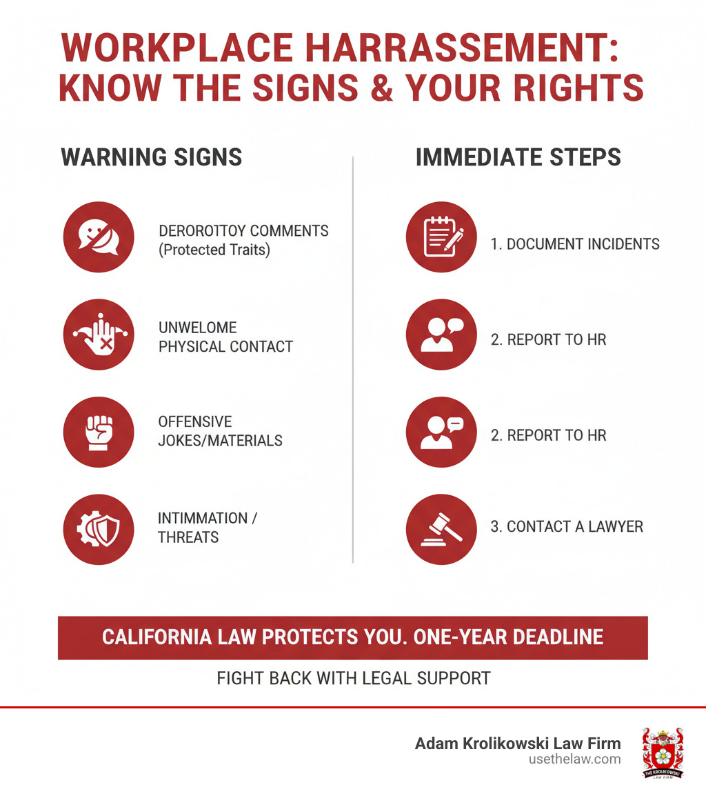 Infographic showing the key warning signs of workplace harassment including repeated derogatory comments about protected characteristics, unwelcome physical contact or advances, offensive jokes or materials targeting specific groups, intimidation or threats, and interference with work performance, along with immediate steps to take such as documenting incidents, reporting to HR, and contacting a lawyer - Santa Ana workplace harassment lawyer infographic Infographic showing the key warning signs of workplace harassment including repeated derogatory comments about protected characteristics, unwelcome physical contact or advances, offensive jokes or materials targeting specific groups, intimidation or threats, and interference with work performance, along with immediate steps to take such as documenting incidents, reporting to HR, and contacting a lawyer - Santa Ana workplace harassment lawyer infographic