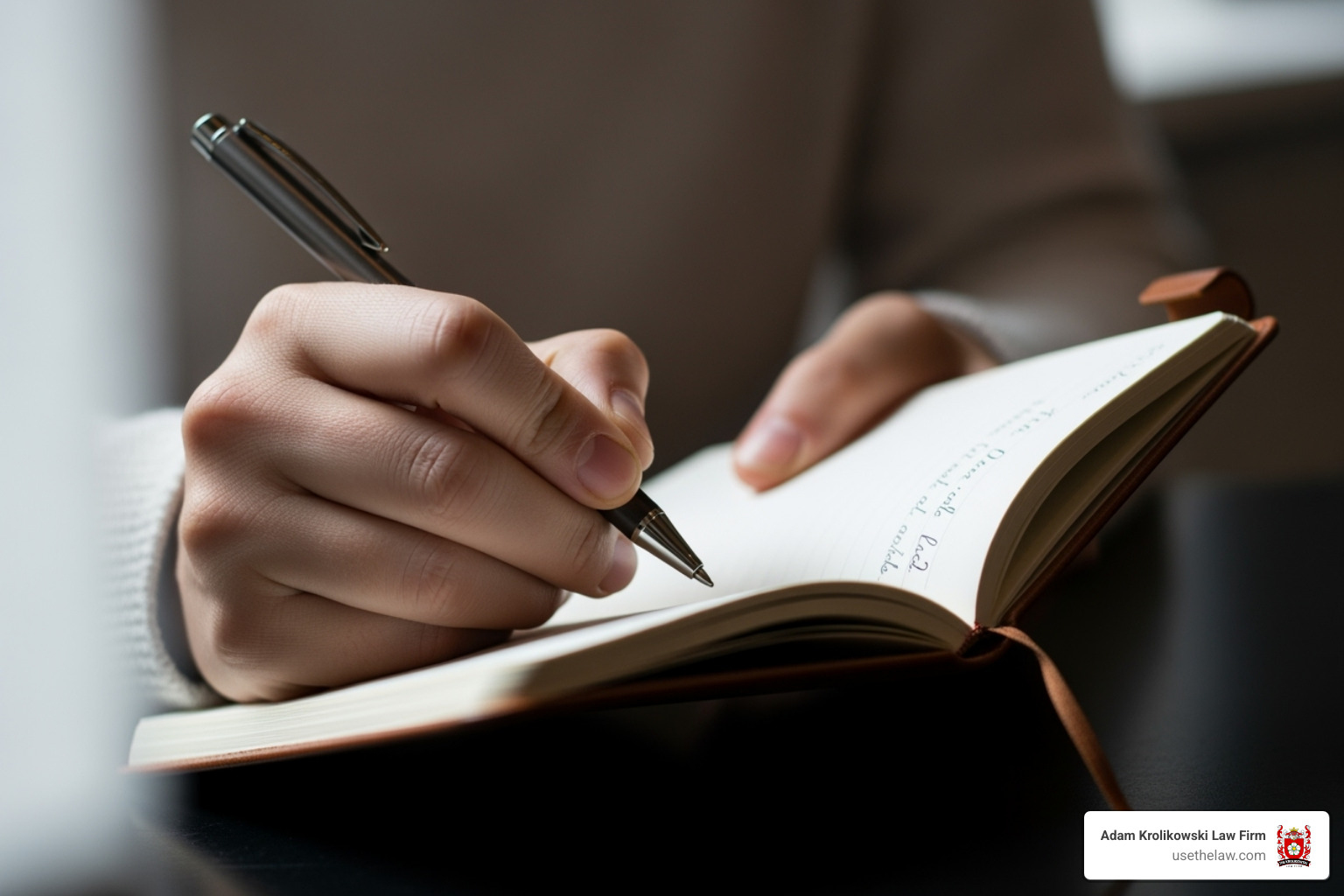 person discreetly writing notes in a journal - Santa Ana workplace harassment lawyer person discreetly writing notes in a journal - Santa Ana workplace harassment lawyer
