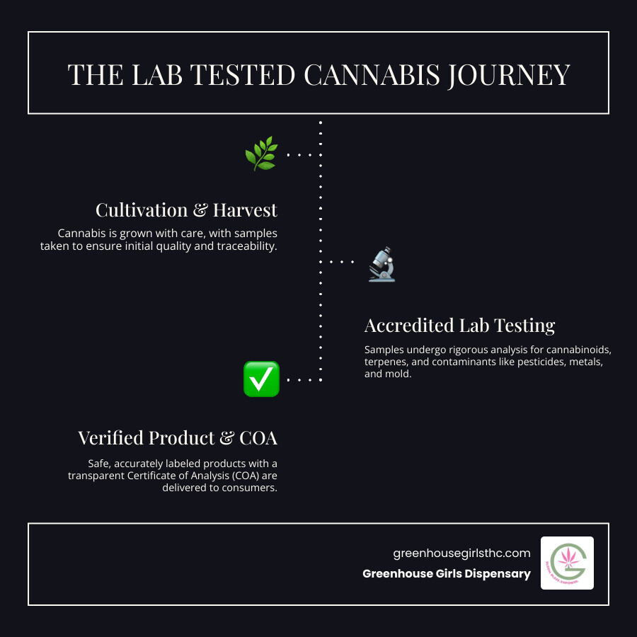 Infographic showing the complete cannabis testing process from cultivation through laboratory analysis to consumer delivery, highlighting key testing stages including cannabinoid profiling, contaminant screening, and COA generation - lab tested cannabis infographic infographic-line-3-steps-dark