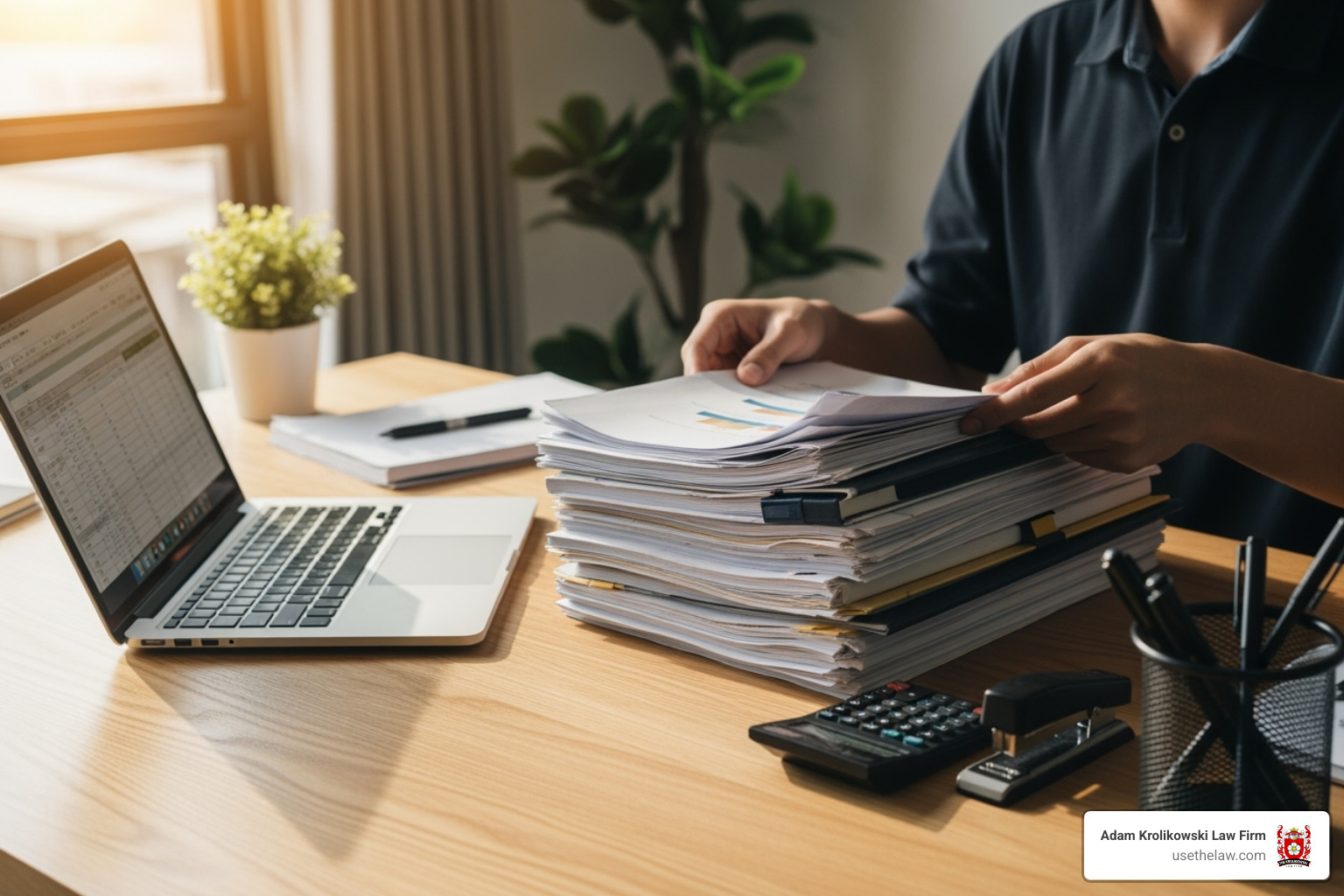 person organizing documents at a desk - Santa Ana workplace harassment lawyer person organizing documents at a desk - Santa Ana workplace harassment lawyer