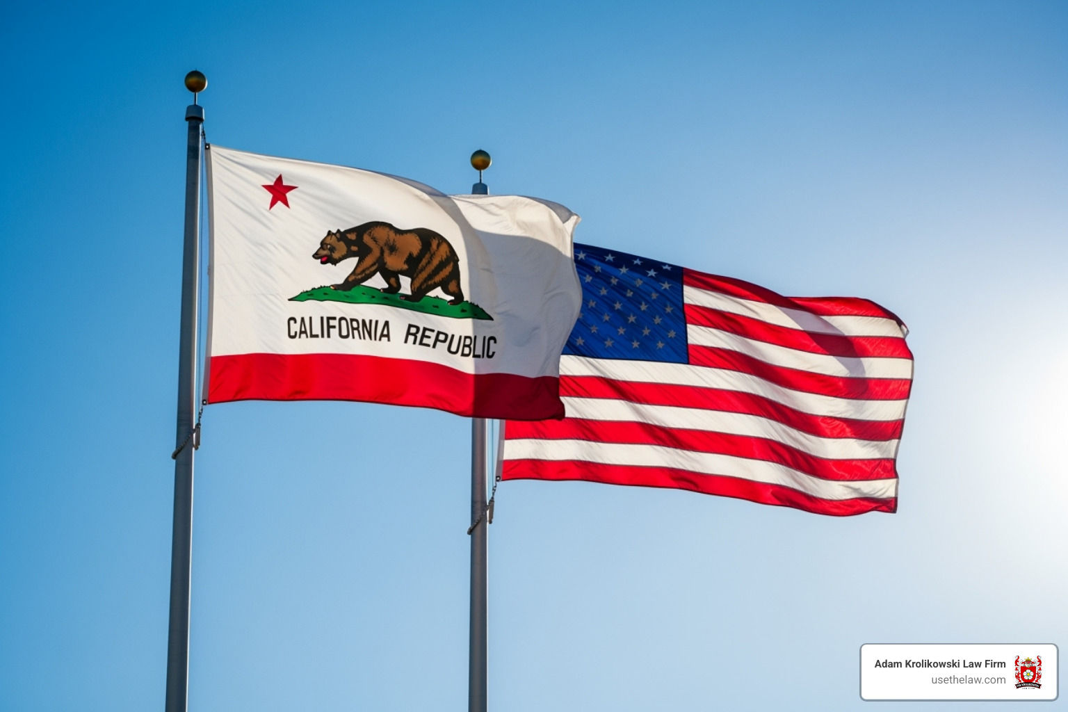 California state flag and the US flag side-by-side - Santa Ana workplace harassment lawyer California state flag and the US flag side-by-side - Santa Ana workplace harassment lawyer