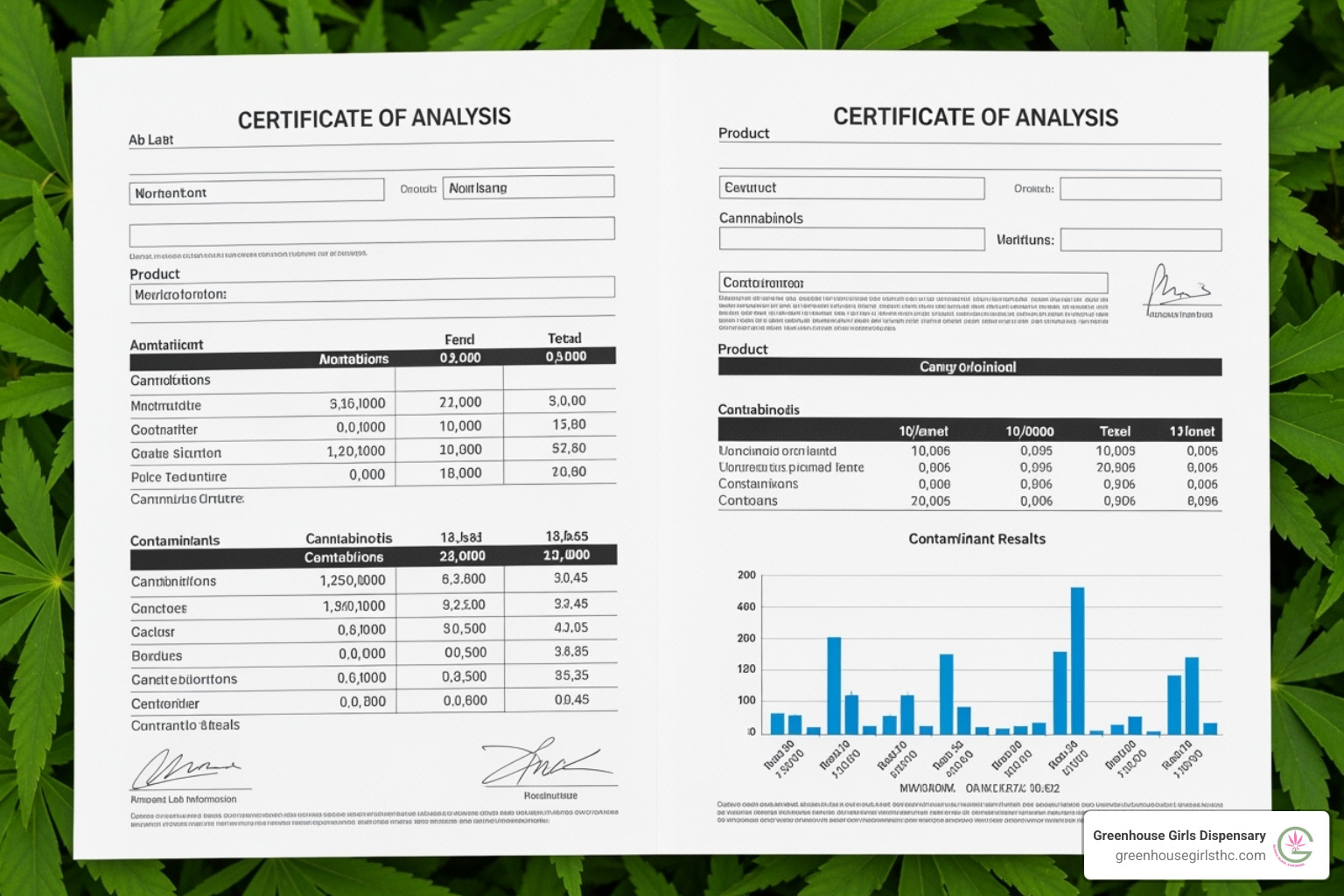 Sample Certificate of Analysis with key sections highlighted, including lab information, product details, cannabinoid profile, and contaminant results - lab tested cannabis