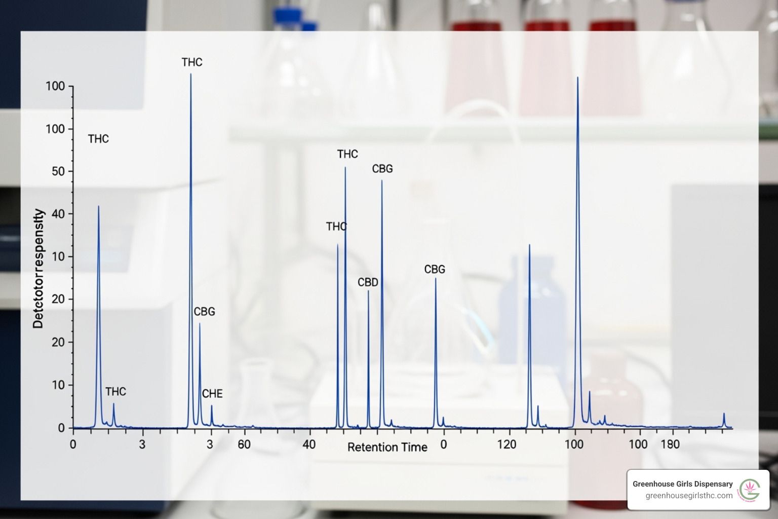 Image of a chromatograph chart showing cannabinoid peaks, illustrating the results of potency testing - lab tested cannabis