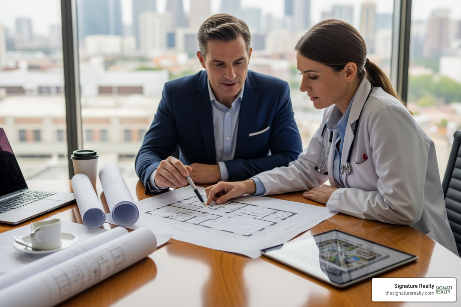 A broker and a doctor reviewing a floor plan for a medical clinic - medical tenant rep A broker and a doctor reviewing a floor plan for a medical clinic - medical tenant rep