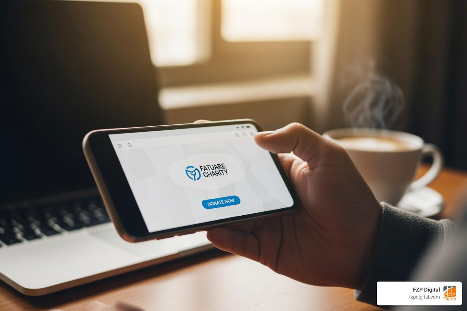 A hand holds a smartphone displaying an online donation page, with a laptop and coffee in the background - non profit organization examples