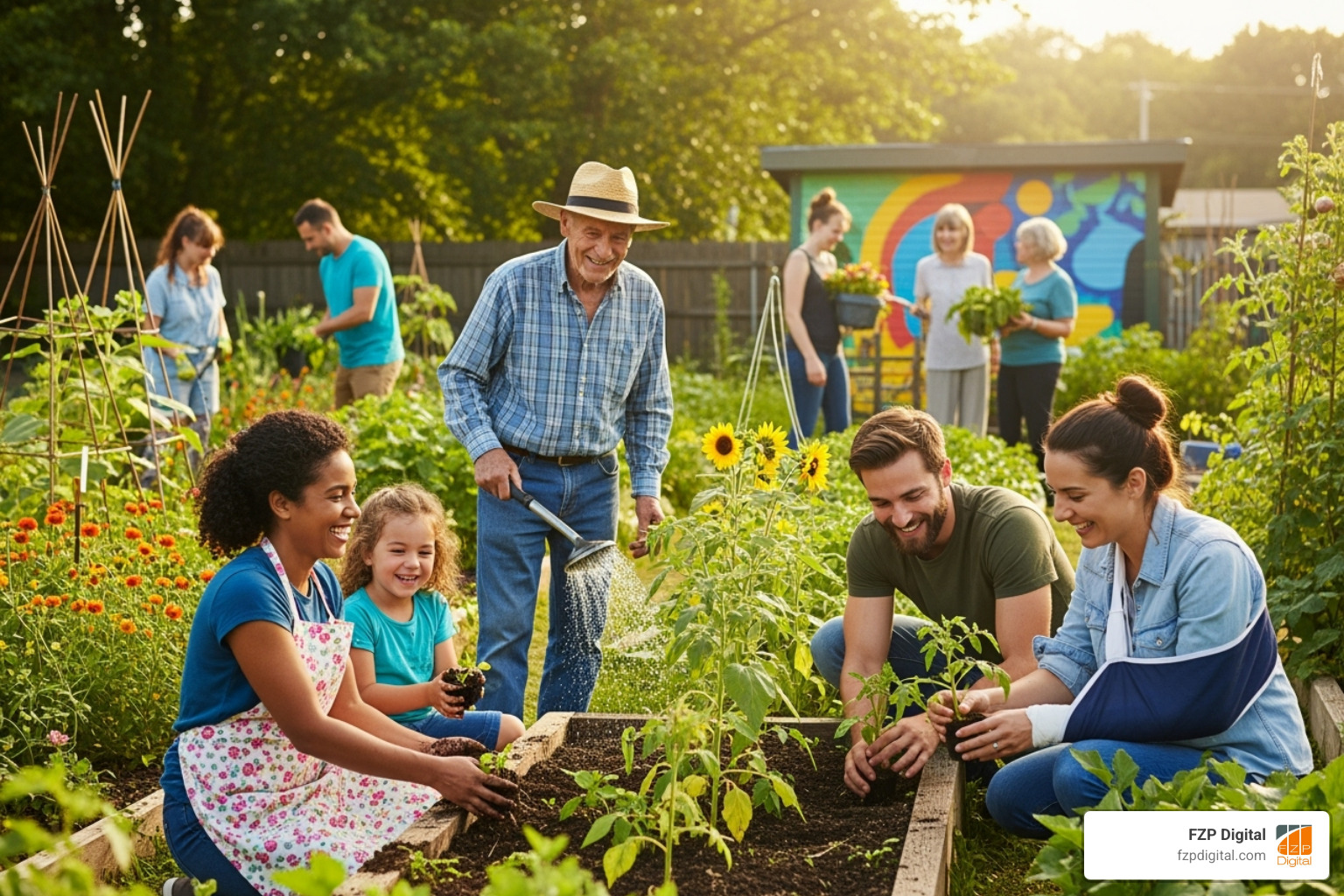 A diverse group of happy people volunteering at a community garden - non profit organization examples