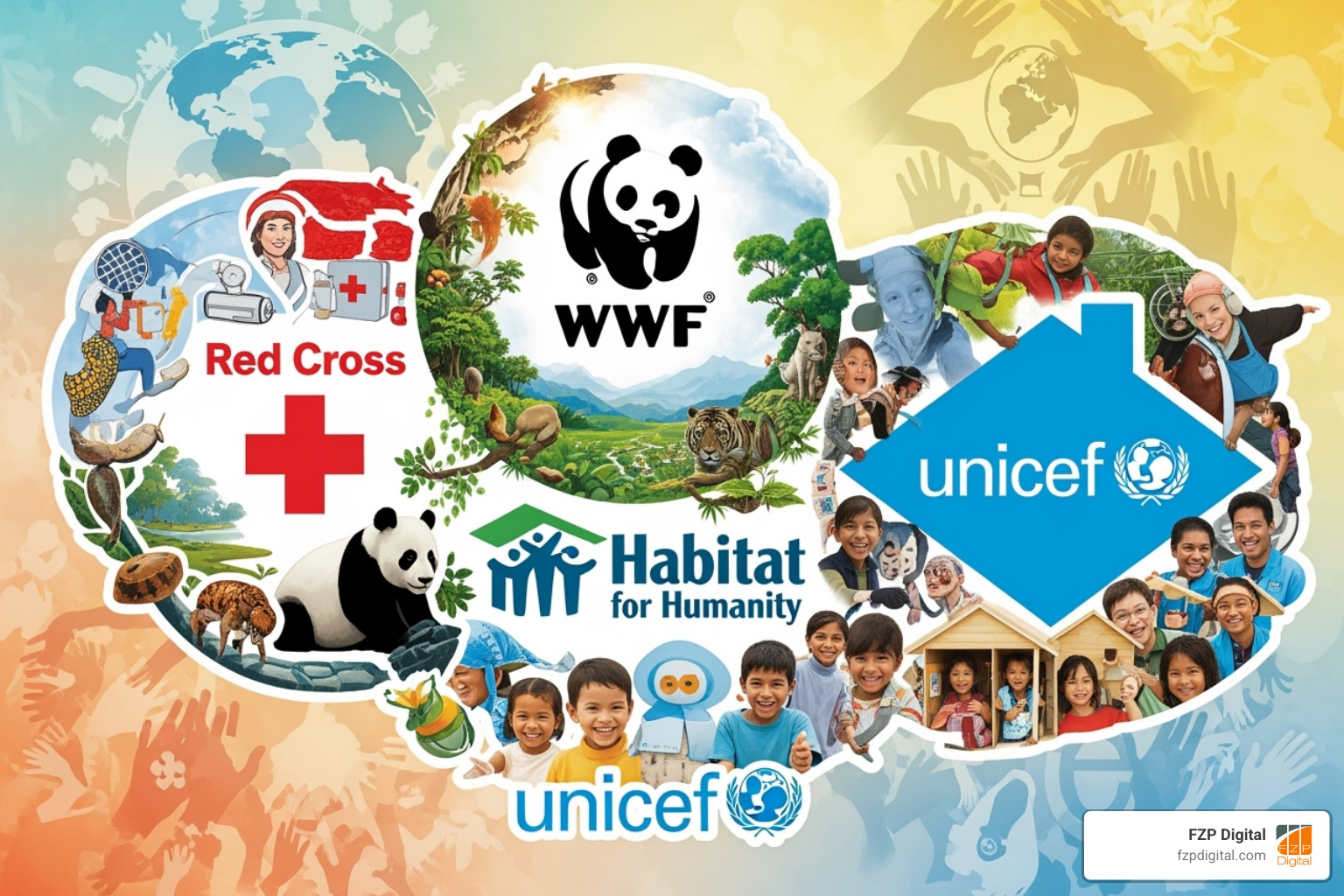A collage of diverse nonprofit logos including Red Cross, WWF, Habitat for Humanity, and UNICEF - non profit organization examples