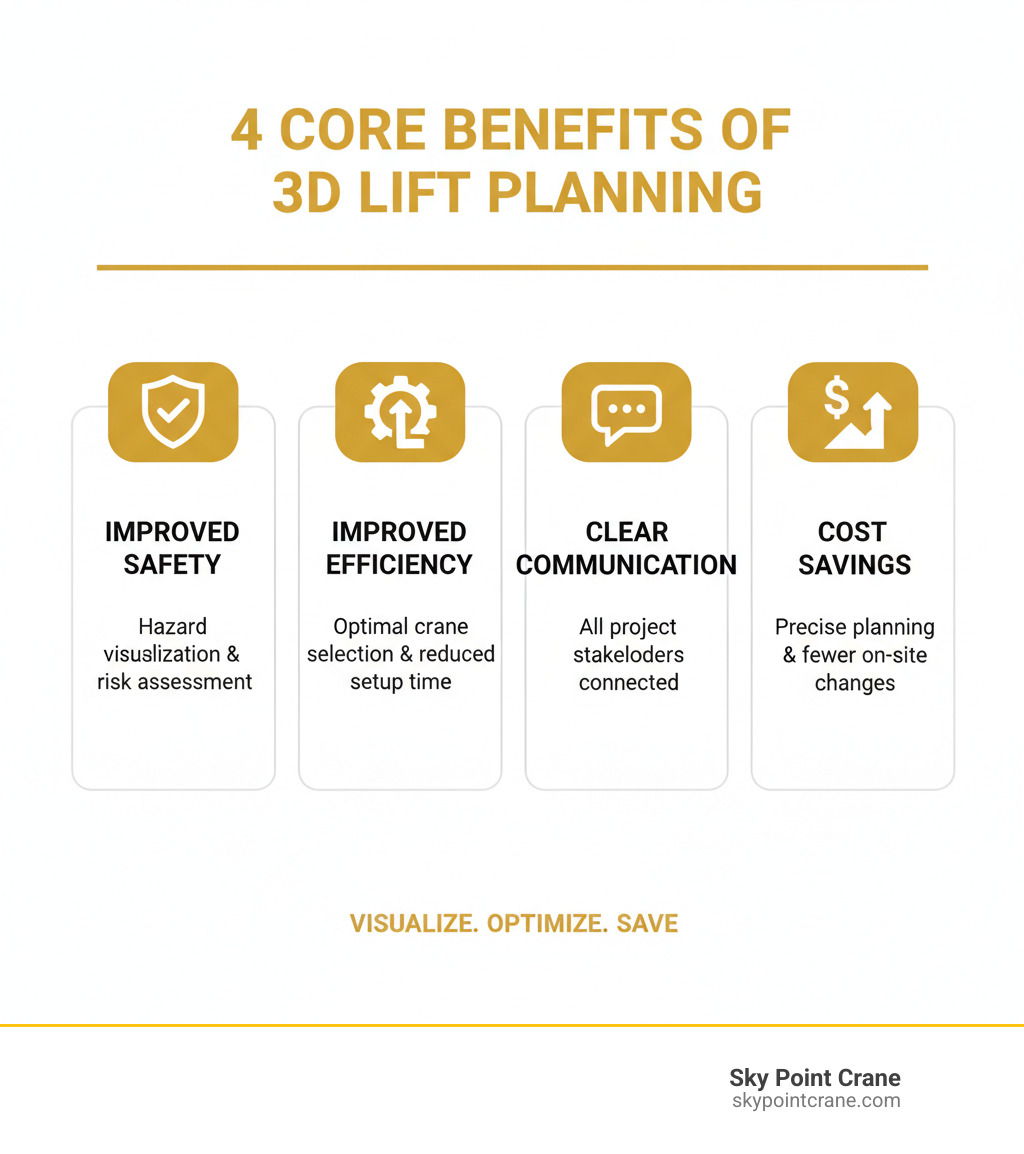 Infographic showing four core benefits of 3D lift planning: Improved Safety through hazard visualization and risk assessment, Improved Efficiency via optimal crane selection and reduced setup time, Clear Communication between all project stakeholders, and Cost Savings through precise planning and fewer on-site changes - 3d lift plans videos infographic  Infographic showing four core benefits of 3D lift planning: Improved Safety through hazard visualization and risk assessment, Improved Efficiency via optimal crane selection and reduced setup time, Clear Communication between all project stakeholders, and Cost Savings through precise planning and fewer on-site changes - 3d lift plans videos infographic